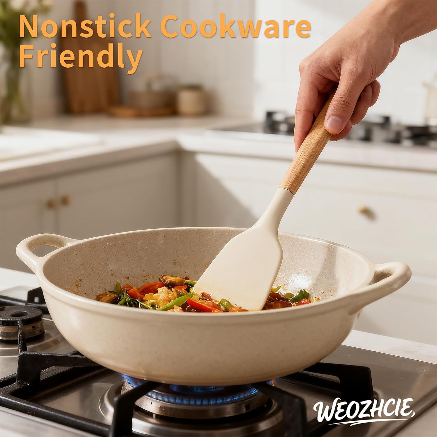 Silicone Cooking Utensil Set,12 PCS Cooking Cookware Kitchen Utensils Set for Cooking, Nonstick 446°F Heat-Resistant Cookware Kitchen Tools of Spoon,Brush,Whisk,Spatula,Turner Tongs (Khaki) - Image 3