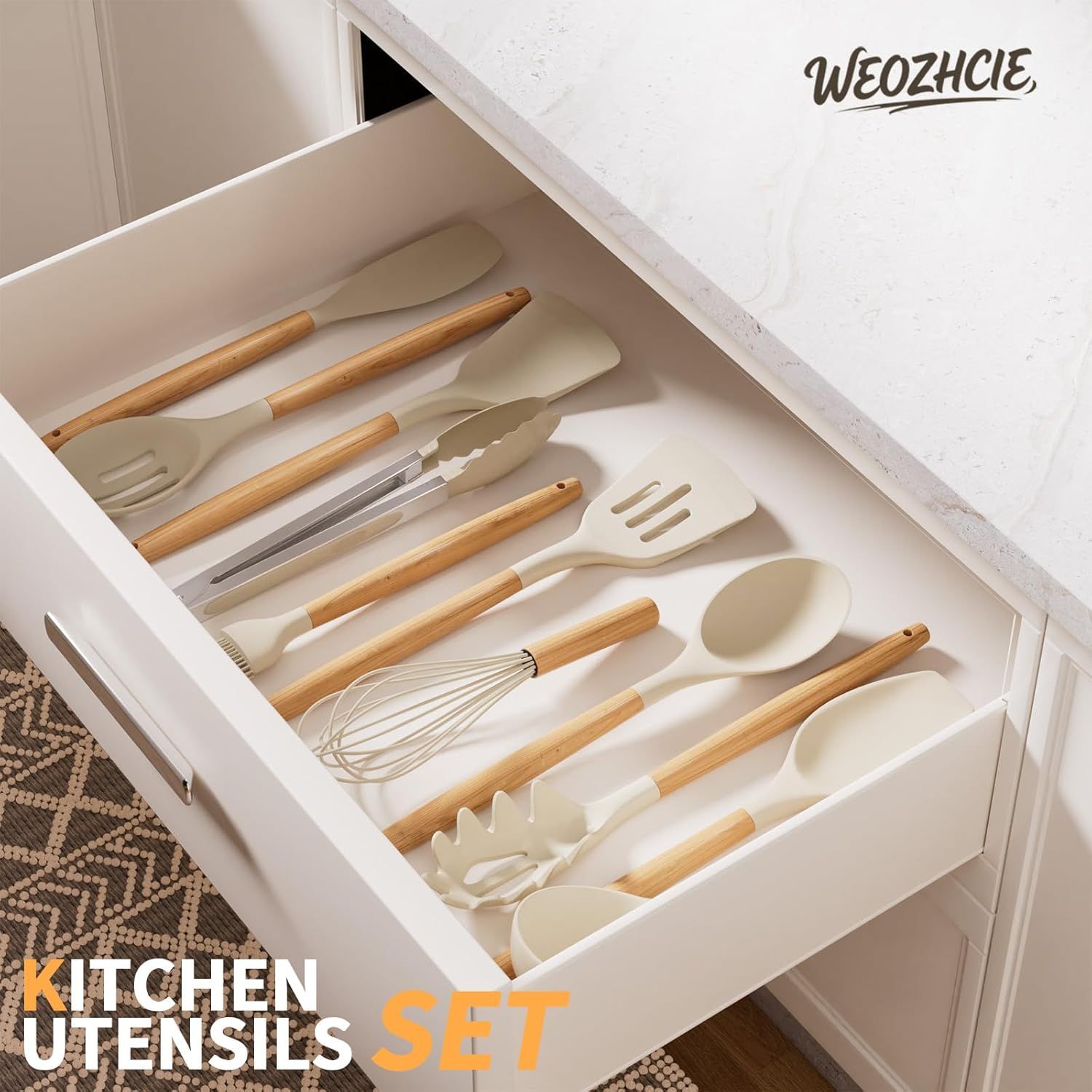 Silicone Cooking Utensil Set,12 PCS Cooking Cookware Kitchen Utensils Set for Cooking, Nonstick 446°F Heat-Resistant Cookware Kitchen Tools of Spoon,Brush,Whisk,Spatula,Turner Tongs (Khaki) - Image 7