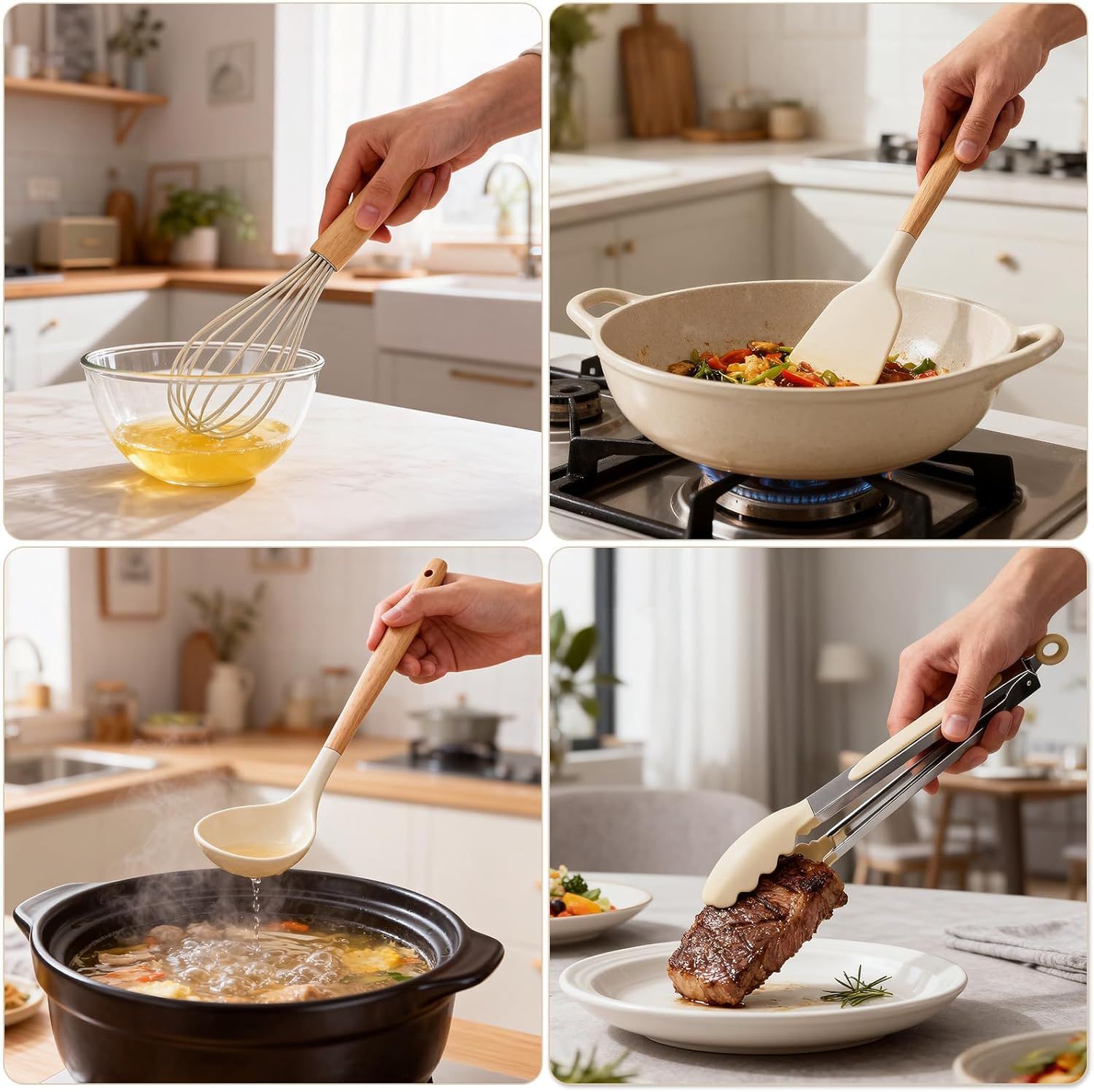 Silicone Cooking Utensil Set,12 PCS Cooking Cookware Kitchen Utensils Set for Cooking, Nonstick 446°F Heat-Resistant Cookware Kitchen Tools of Spoon,Brush,Whisk,Spatula,Turner Tongs (Khaki) - Image 8