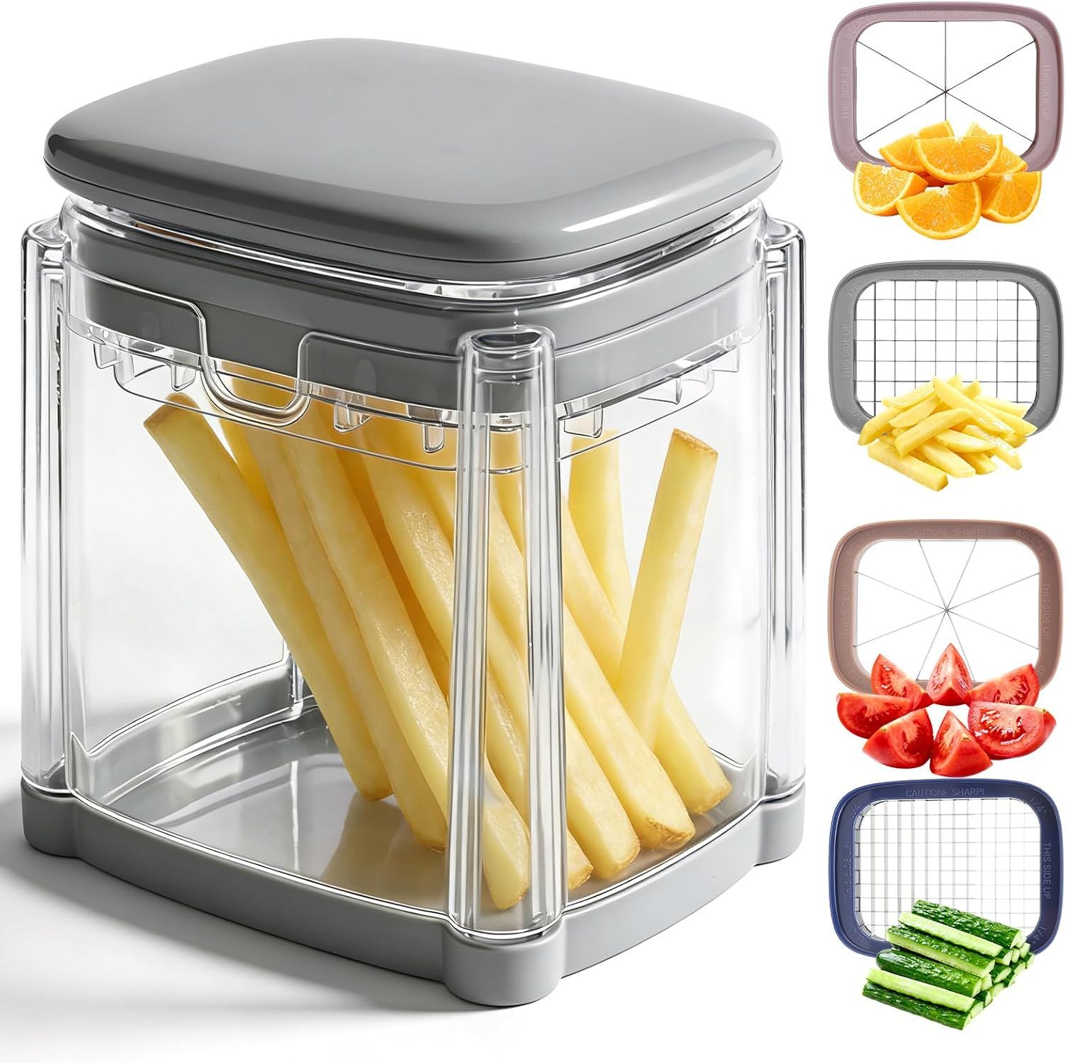 4-In-1 French Fry Cutter for Potatoes, Apple Slicer, Chopper Vegetable Cutter - Dicer Chopper for Carrots, Cucumbers, Onion, Tomato (Gray 4-in-1 French Fry Cutter) - Image 1