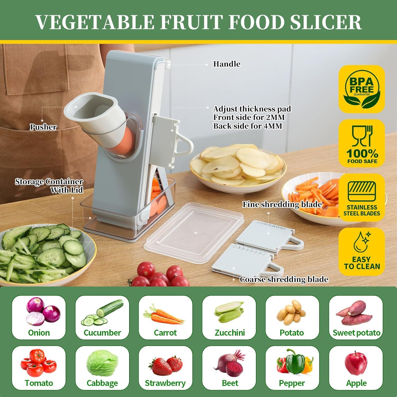 Safe Mandoline Slicer for Kitchen, 4-In-1 Chopper Vegetable Cutter, Mandolin Julienne Slicers for Fruits and Vegetables, Potato Cutter for Fries, Kitchen Gadgets and House Essentials - Image 3