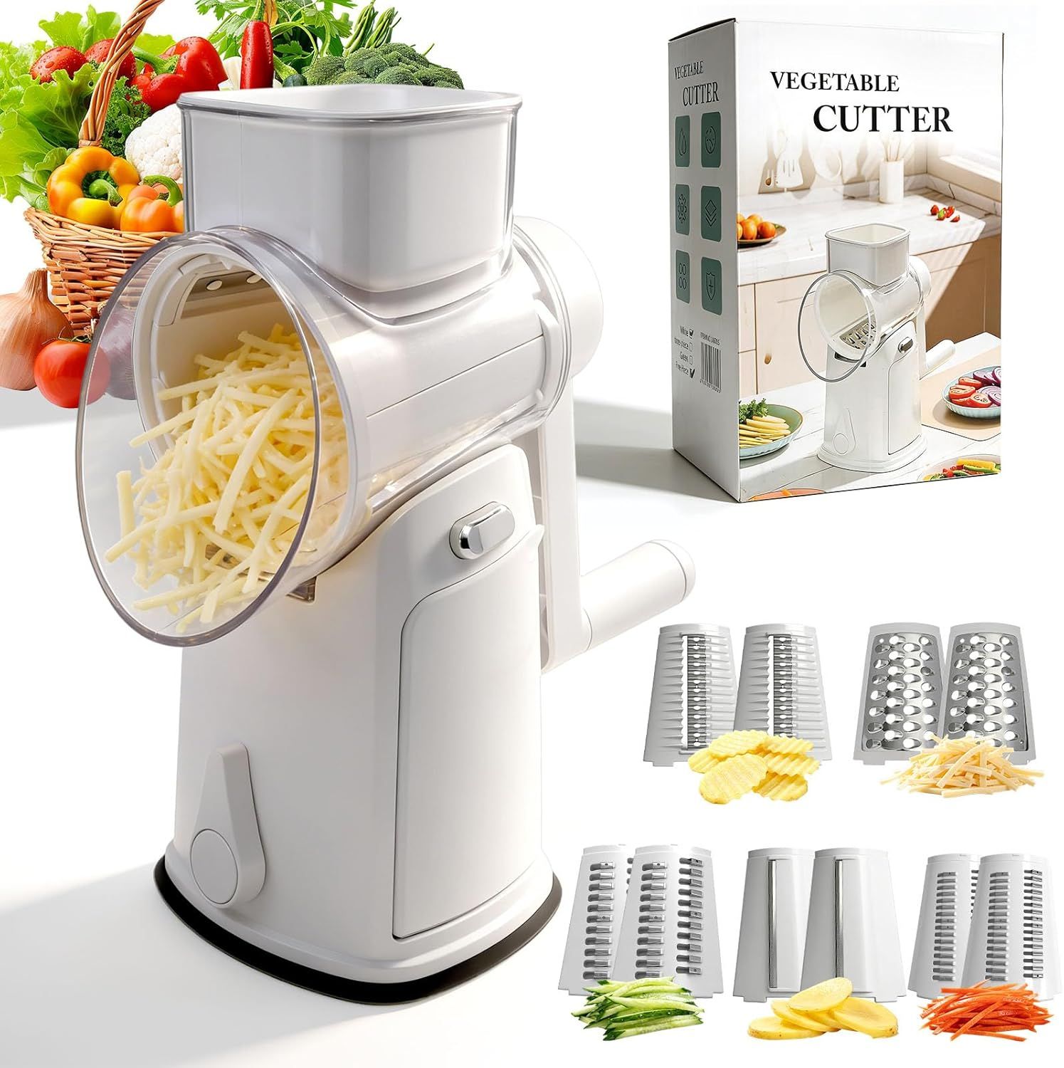 Rotary Cheese Grater Hand Crank - Cheese Shredder with 5 Blades & Storage Room, Easy to Clean, Stable Suction, Labor-Saving Handle, Rotary Grater Slicer for Fruit, Vegetables, Nuts, Chocolate - Image 1