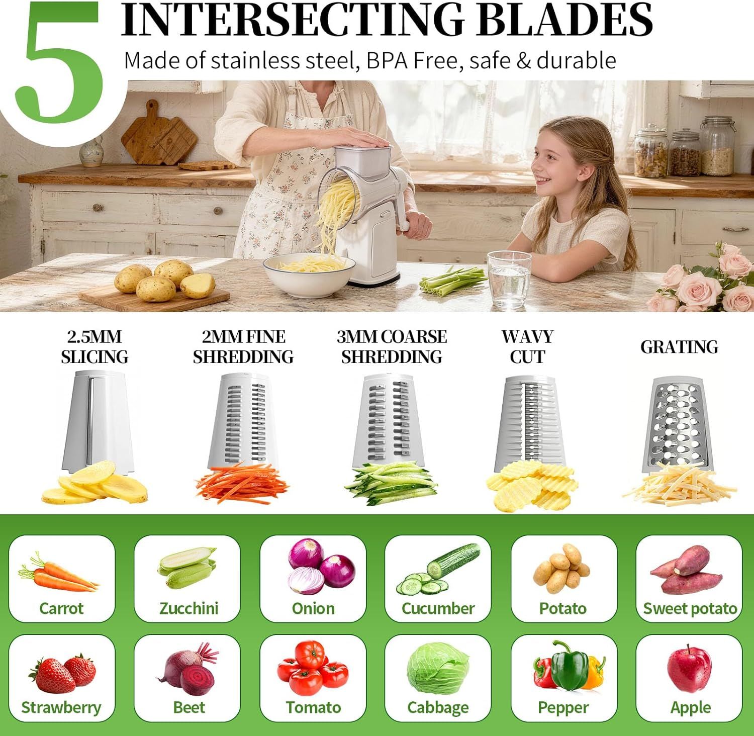 Rotary Cheese Grater Hand Crank - Cheese Shredder with 5 Blades & Storage Room, Easy to Clean, Stable Suction, Labor-Saving Handle, Rotary Grater Slicer for Fruit, Vegetables, Nuts, Chocolate - Image 3