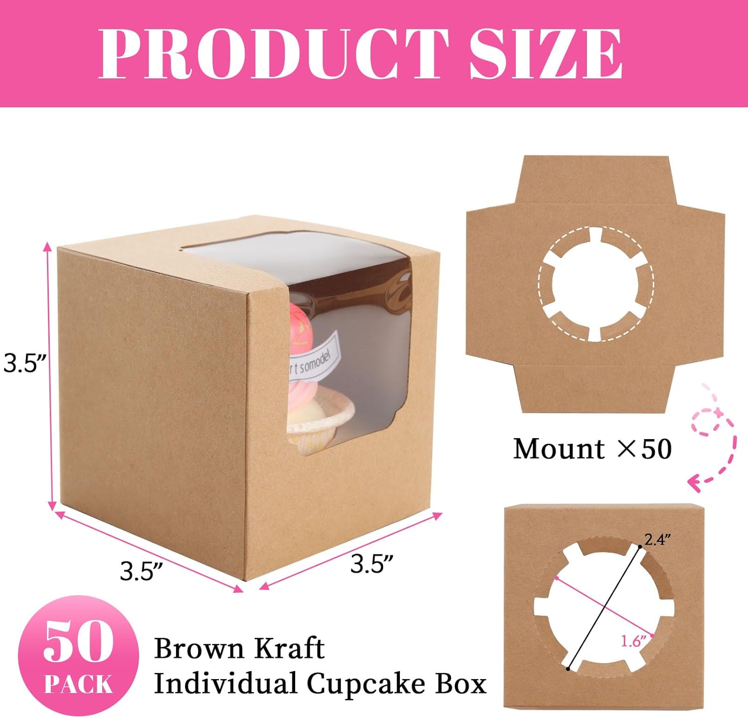 50 Pcs Cupcake Boxes Individual Cupcake Containers Pre-Assembled Single Cupcake Boxes 3.5
