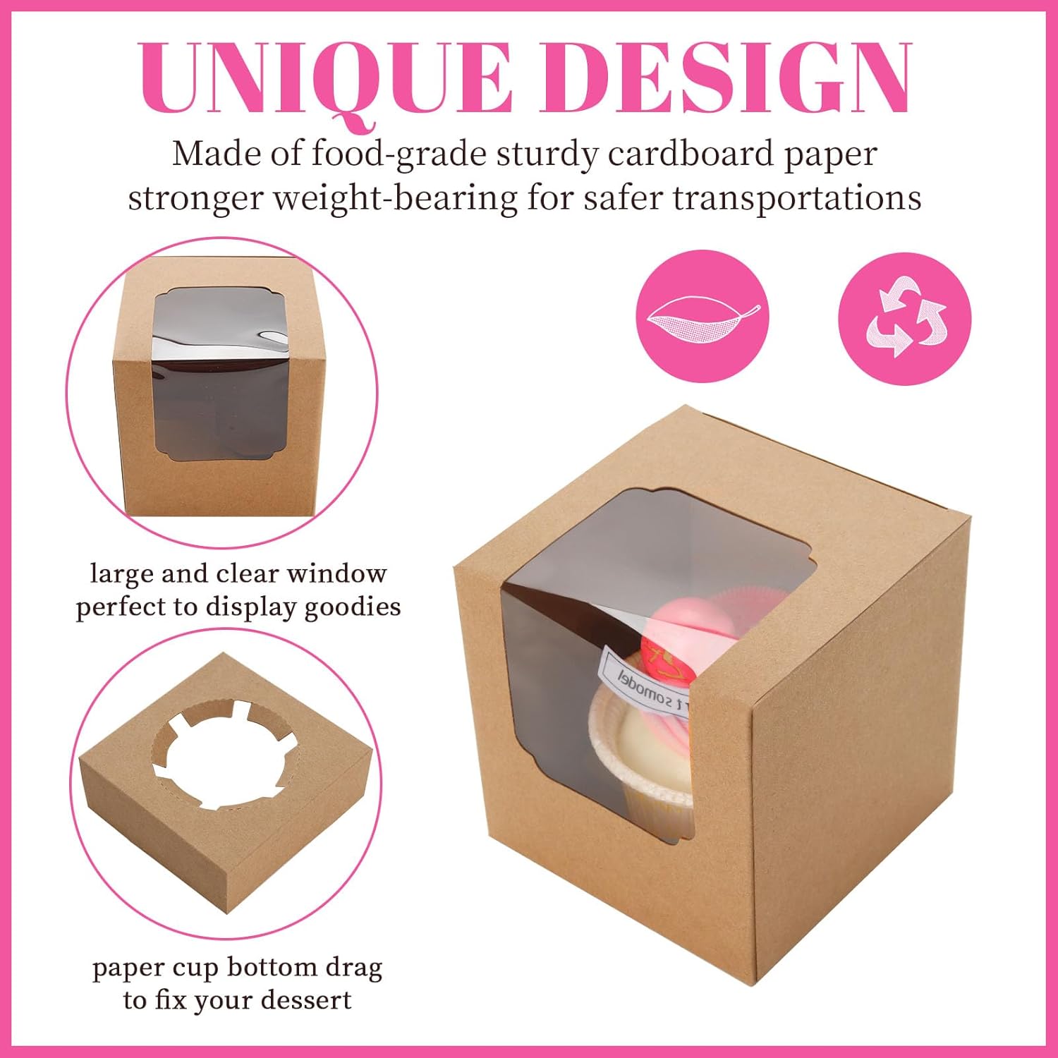 50 Pcs Cupcake Boxes Individual Cupcake Containers Pre-Assembled Single Cupcake Boxes 3.5