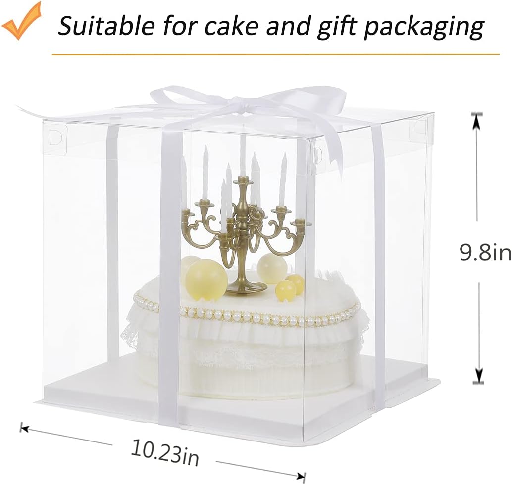 10 inch Clear cake Box, Large Transparent cake Box,tall cake boxes with Ribbon,10x10x9inch - Suitable for packing 8