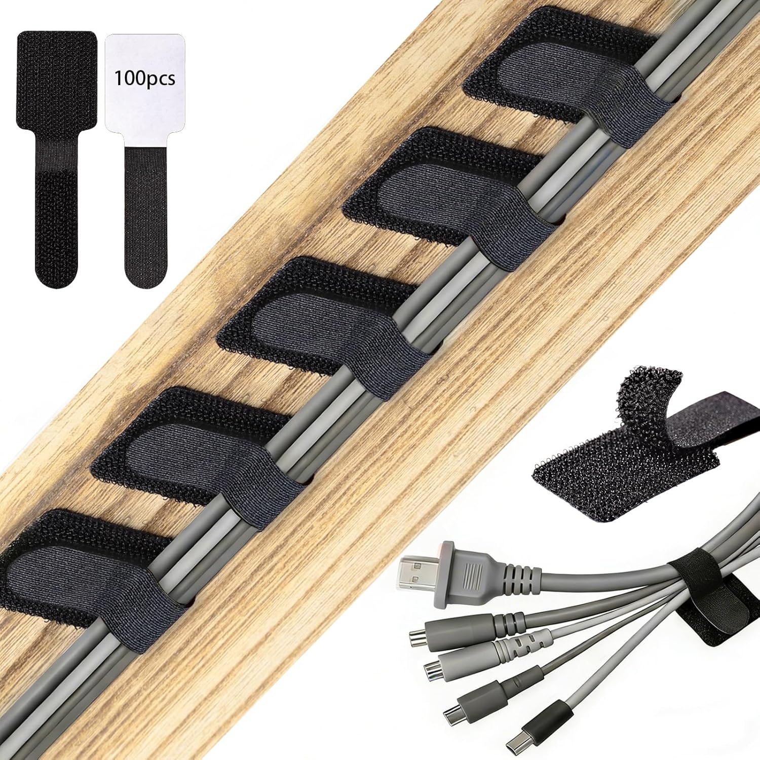 100 Pcs Hook and Loop Cable Ties, Self Adhesive Cable Management Desktop Cable Straps, Adjustable Cord Organizer for Desk Home Office Organization (Black) - Image 1