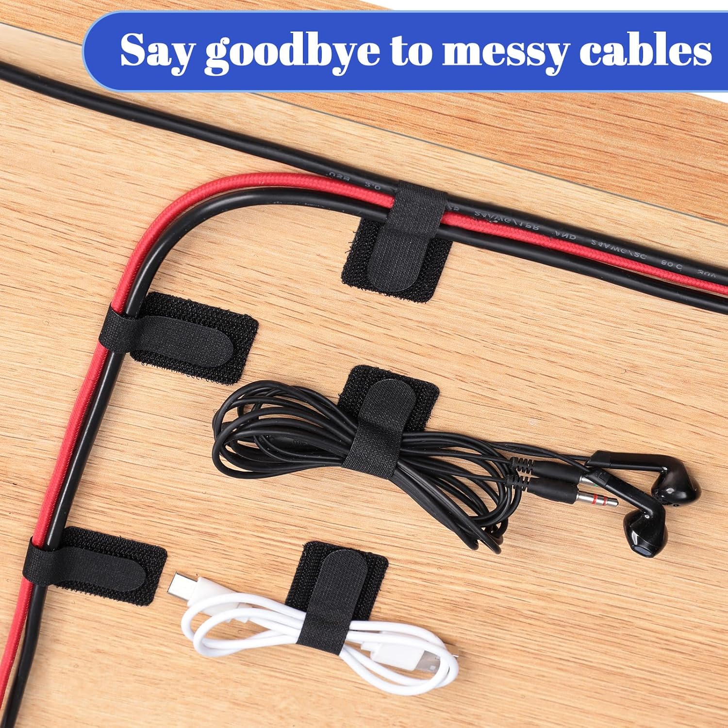 100 Pcs Hook and Loop Cable Ties, Self Adhesive Cable Management Desktop Cable Straps, Adjustable Cord Organizer for Desk Home Office Organization (Black) - Image 3