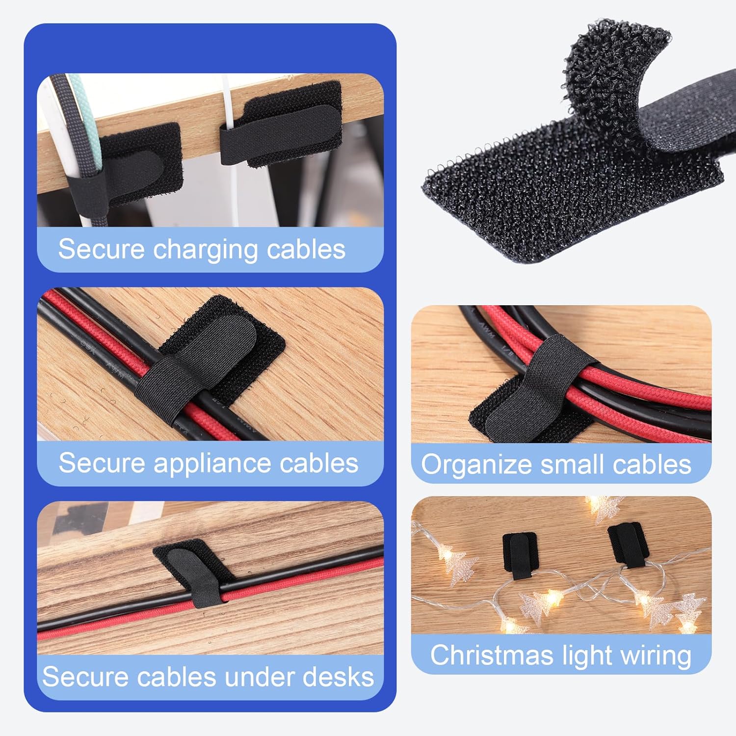 100 Pcs Hook and Loop Cable Ties, Self Adhesive Cable Management Desktop Cable Straps, Adjustable Cord Organizer for Desk Home Office Organization (Black) - Image 5