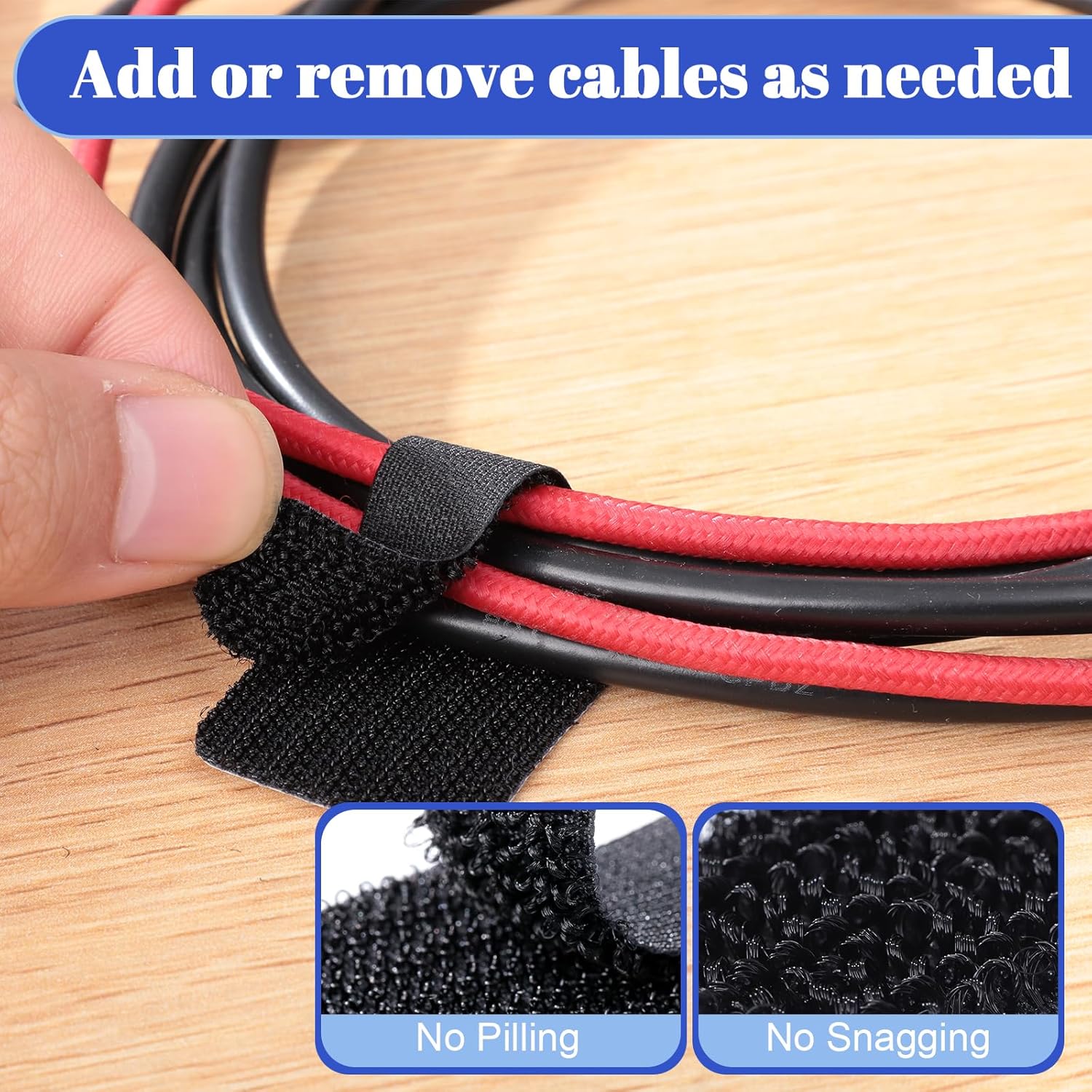 100 Pcs Hook and Loop Cable Ties, Self Adhesive Cable Management Desktop Cable Straps, Adjustable Cord Organizer for Desk Home Office Organization (Black) - Image 6