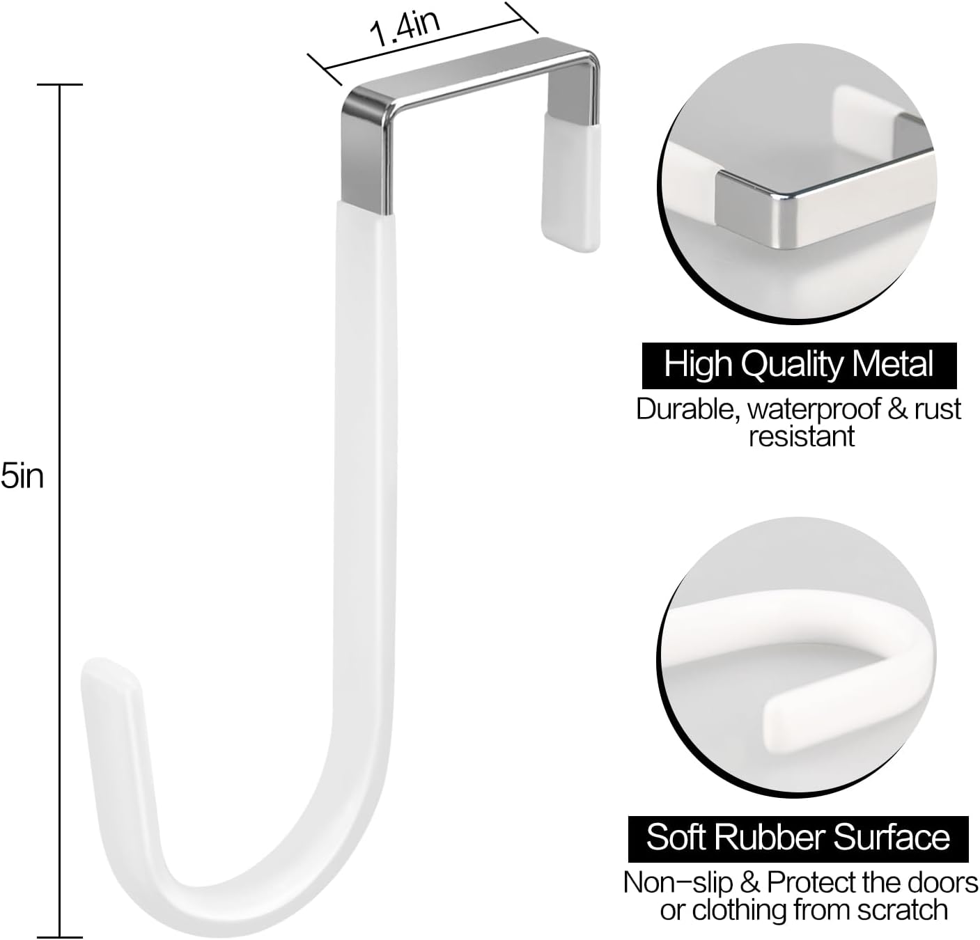 4 Pack Over The Door Hooks, Fits Doors Less Than 1.4in Thick, White Rubber Surface Prevent Scratch Door Hanger Hooks for Bathroom, Living Room, Kitchen, Hanging Clothes, Towels, Bags - Image 3