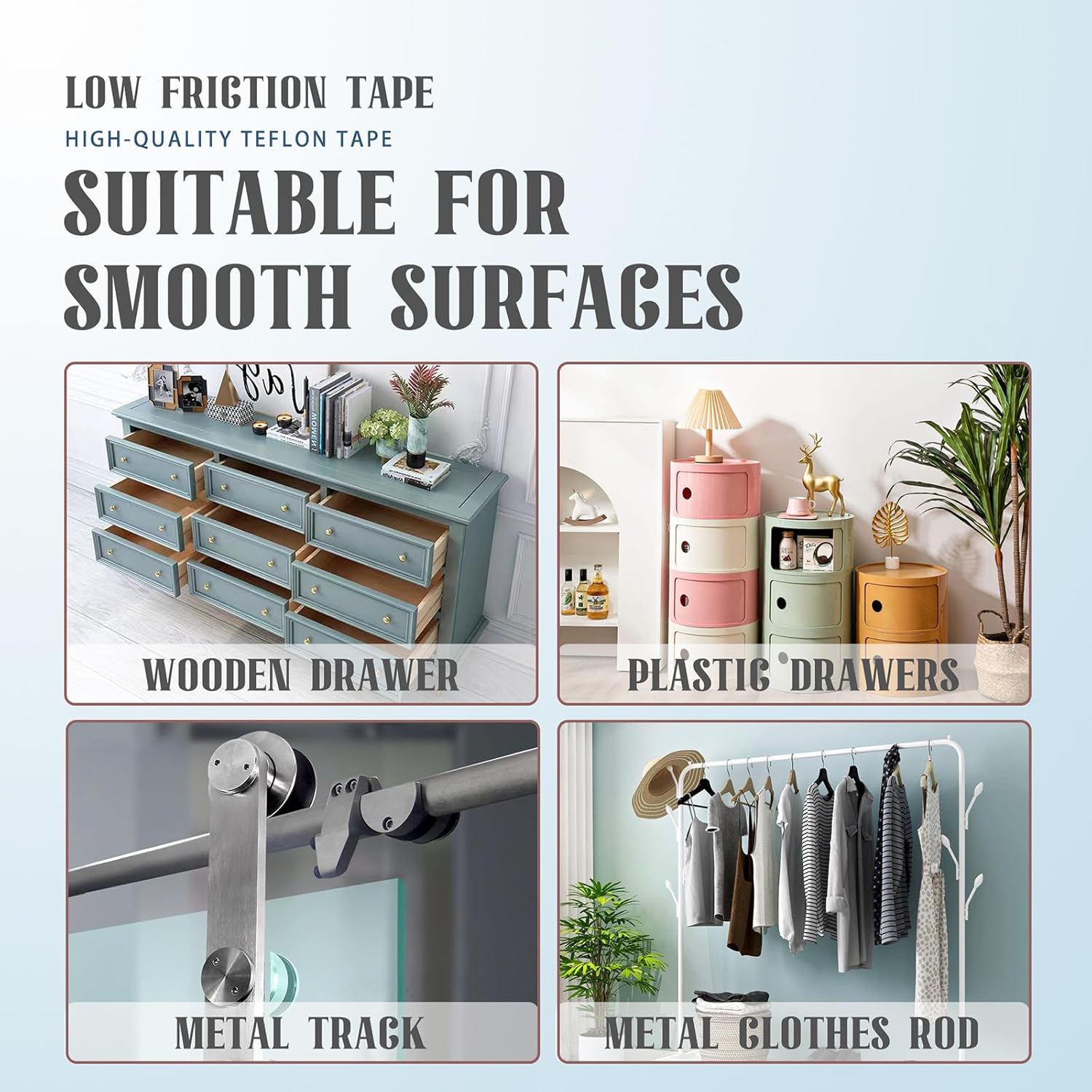 2 Rolls 1/2 Inch x 33 Feet Low Friction Drawer Slide Tape - Squeak Resistant, Abrasion Resistant Surface Protection Tape for Wood, Cabinet, Curtain, Furniture, White - Image 5