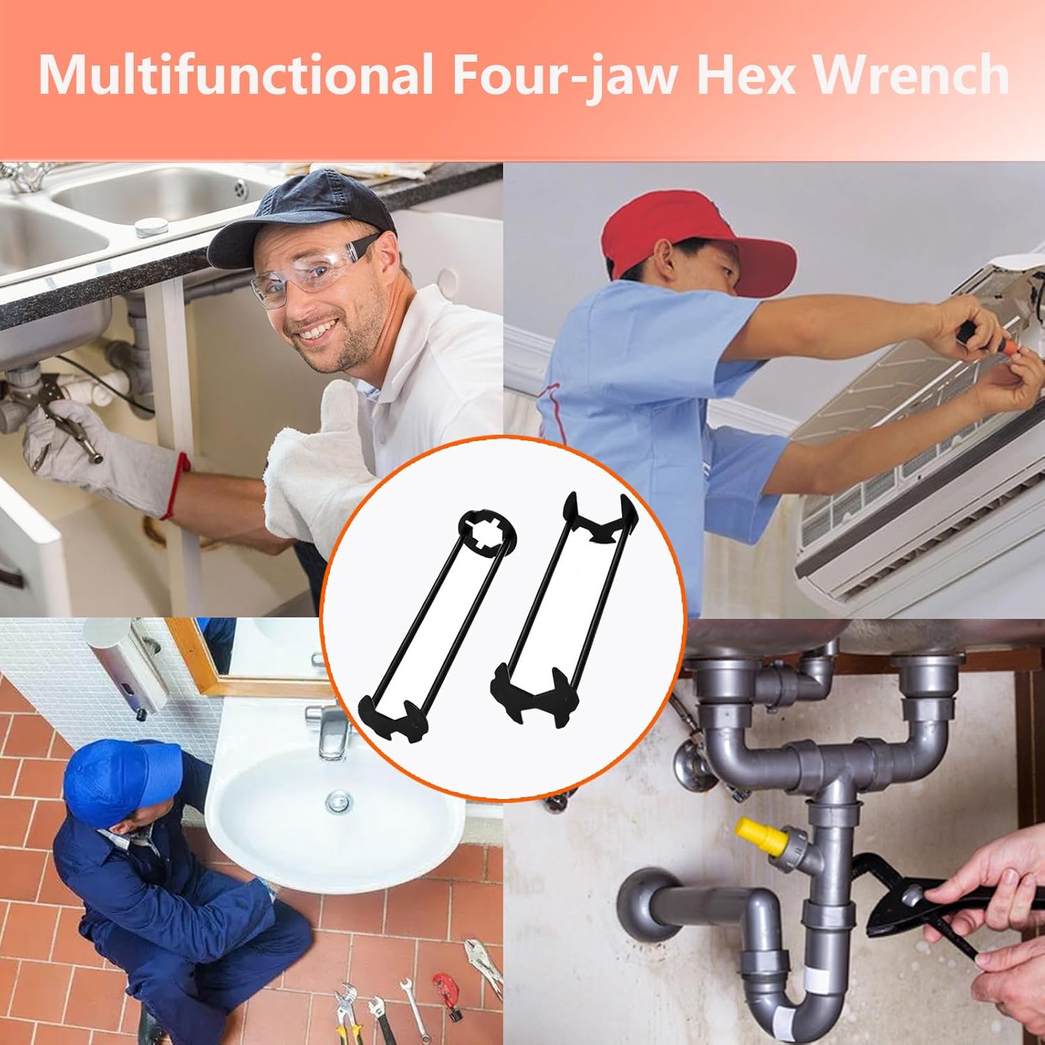2 Pcs Four-jaw Hex Wrench, Basin Wrench Set,Tight Spaces Maintenance Installation Removal Faucet Tools, for Kitchen Bathroom Screws & Threads, Incompatible for Moen, , MasterFlow, Non-generic - Image 2