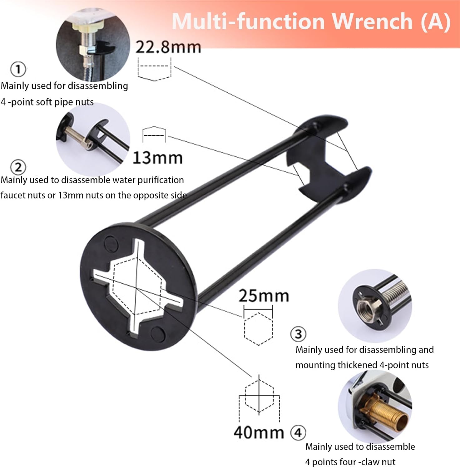 2 Pcs Four-jaw Hex Wrench, Basin Wrench Set,Tight Spaces Maintenance Installation Removal Faucet Tools, for Kitchen Bathroom Screws & Threads, Incompatible for Moen, , MasterFlow, Non-generic - Image 3
