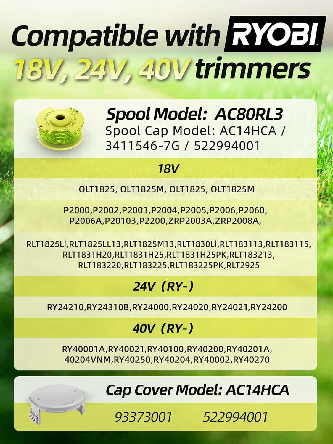 Trimmer String for Ryobi One Plus+ AC80RL3,11 FT/0.080-Inch，Spool Replacement Compatible with Ryobi 18v, 24v, and 40v Cordless Trimmers (9 Pack Trimmer Line & 2 Pack Trimmer Cap) - Image 5