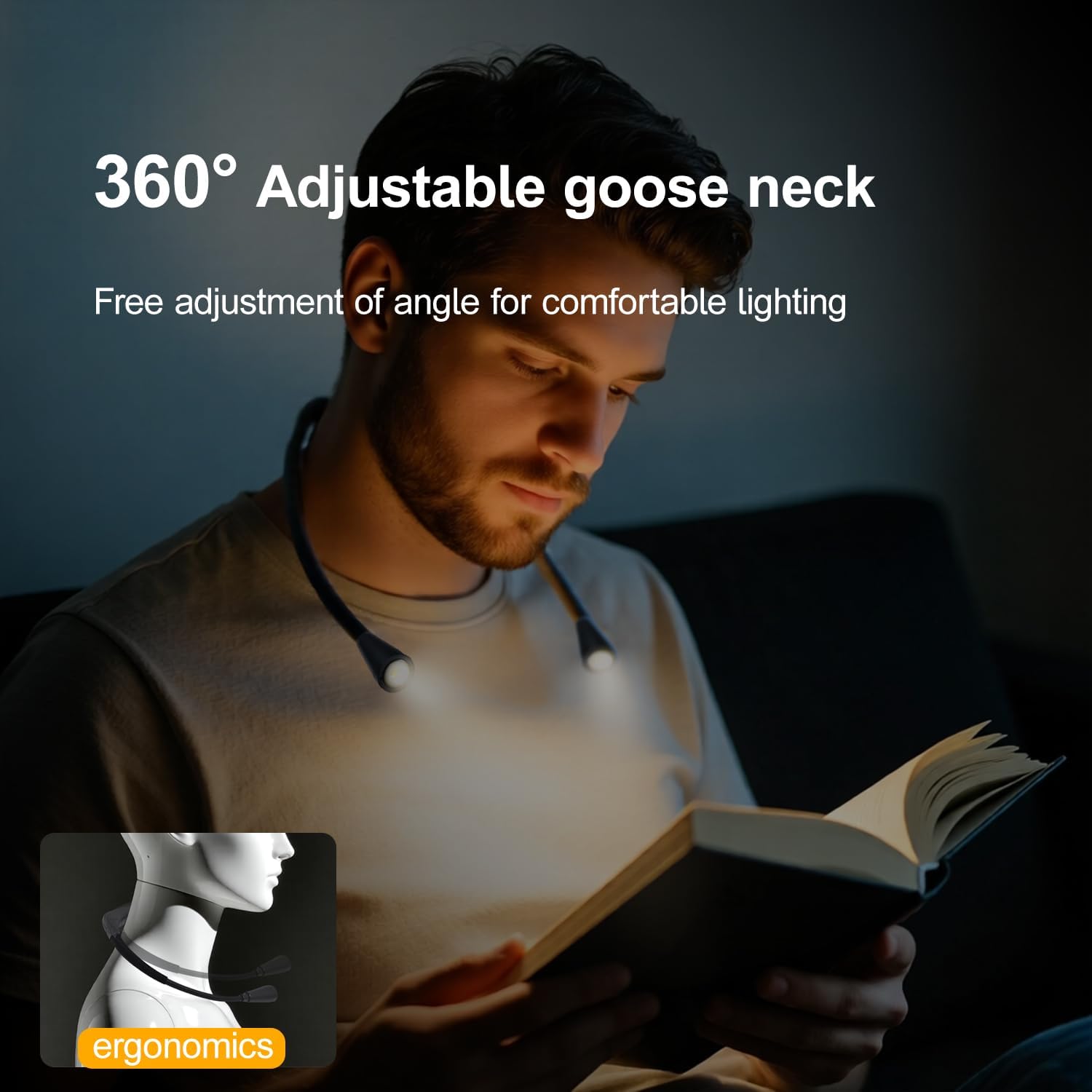 LED Rechargeable Neck Reading Light， Suitable for Reading Books with 3 Color Temperatures, 90 Hour Long-Lasting Recharging Lamp, Ergonomic, Suitable for Reading, Weaving, and Repairing - Image 7