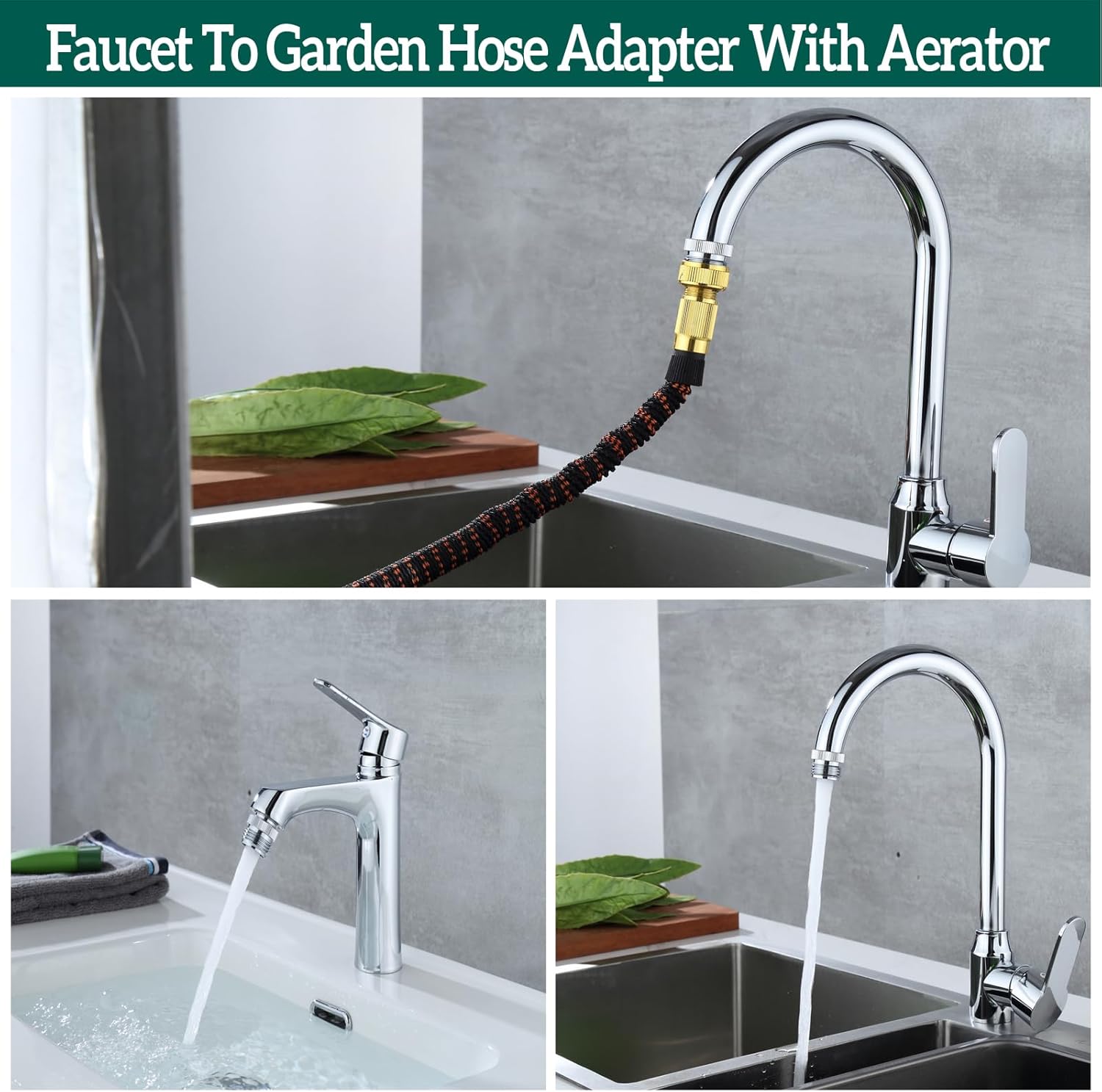 Faucet Adapter with Aerator, Sink Faucet to Garden Hose Adapter, Faucet Adapter to Garden Hose for Kitchen and Bathroom, hose attachment to sink，3/4