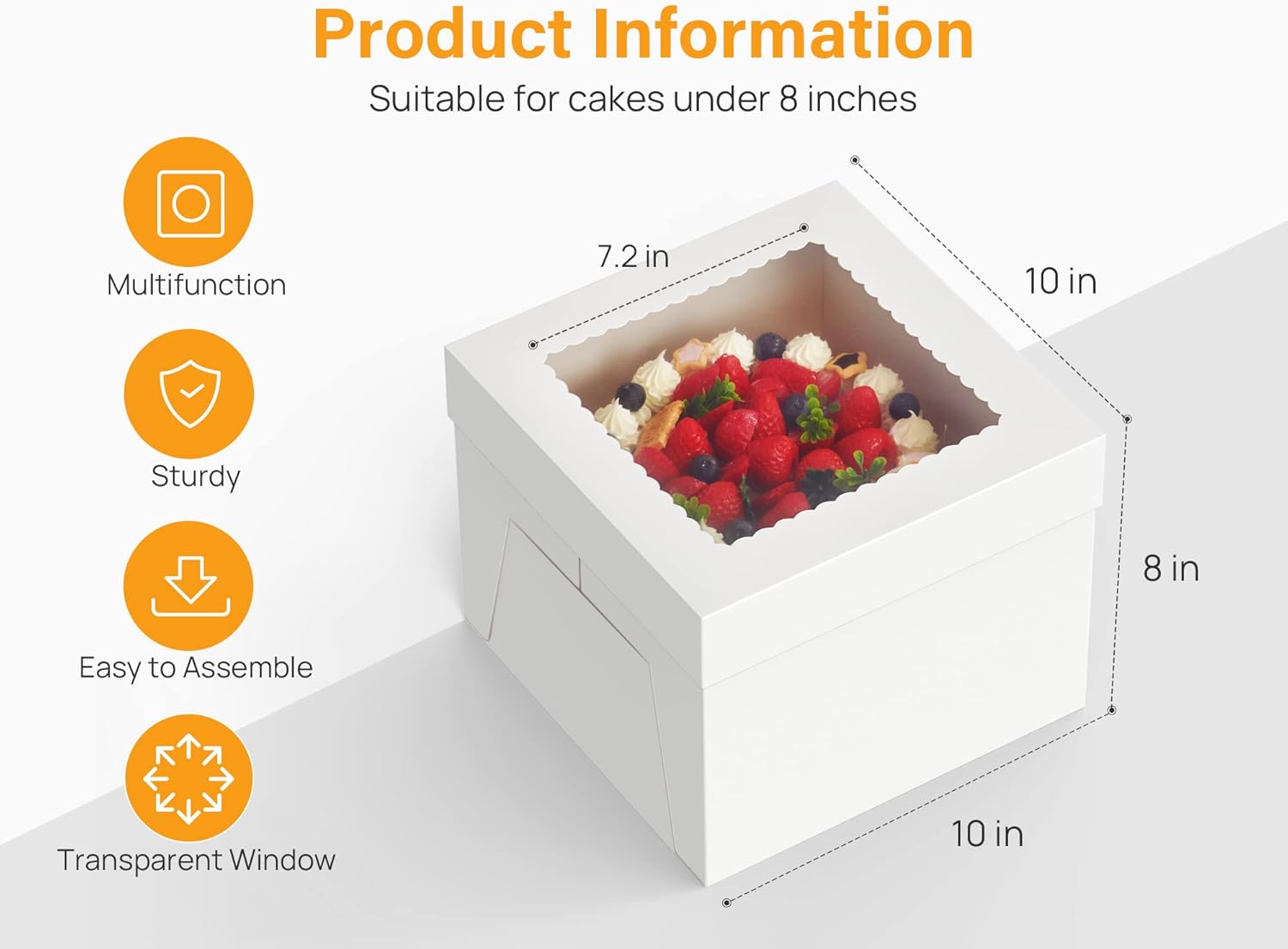 15pcs Cake Boxes, 10x10x8 Inches Tall Cake Box with Window, White Bakery Boxes, Large Baking Boxes, Square Cardboard Cake Box for Multi-Layer Cakes, Cake Decorating Supplies for Gift Giving - Image 2