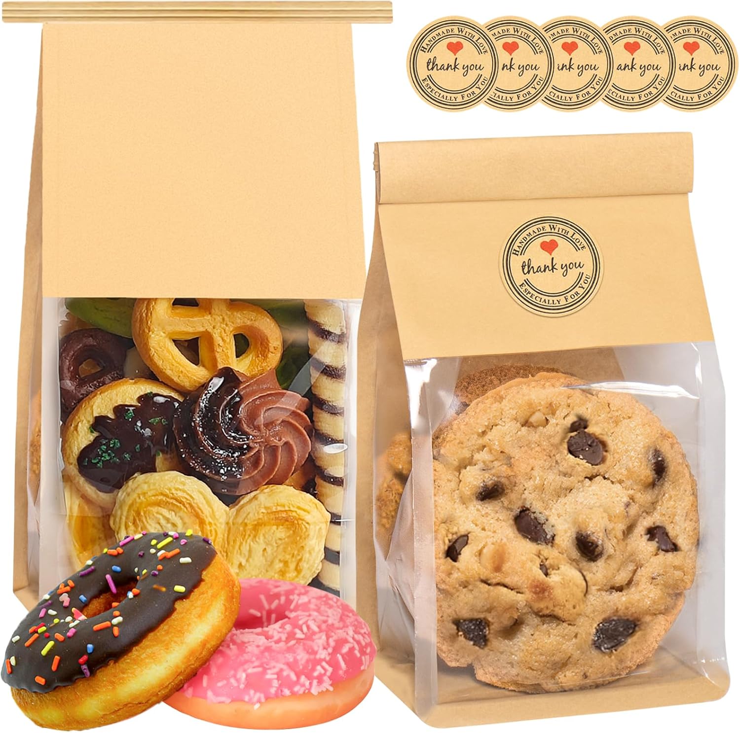 50 Pack Cookie Bags with Seal, 8.2x3.9x3.1 Inch Tin Tie Tab Lock Bakery Bags with Window Resealable Paper Packaging Bag for Muffin, Granola, Candies, Scone, Brownie, Included 50 Thank You Stickers - Image 1
