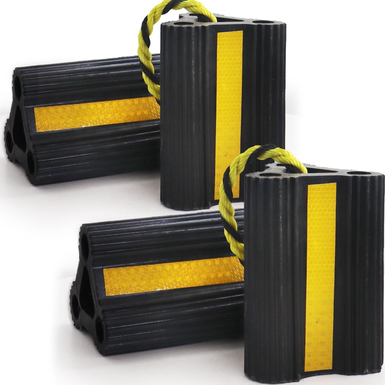 Wheel Chocks for RV Trailer Camper Truck Car, [2pair/4pack with Rope] Versatile Rubber Chocks Block Stopper for Tire with Reflective Strips, Utility Boat Travel Trailer Camper RV Accessories Must - Image 1