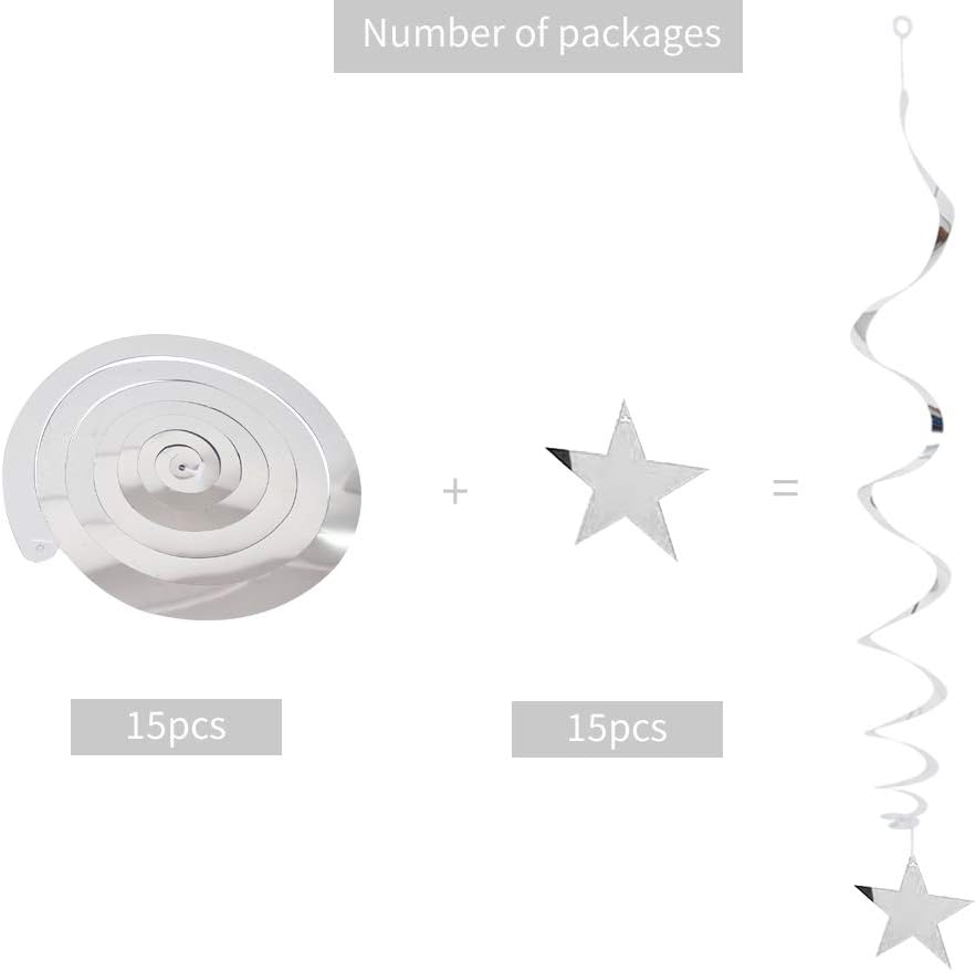 Silver Star Hanging Swirl Decorations,Hanging Silver Party Supplies for Graduation Wedding Baby Shower Decorations, Pack of 15 - Image 2