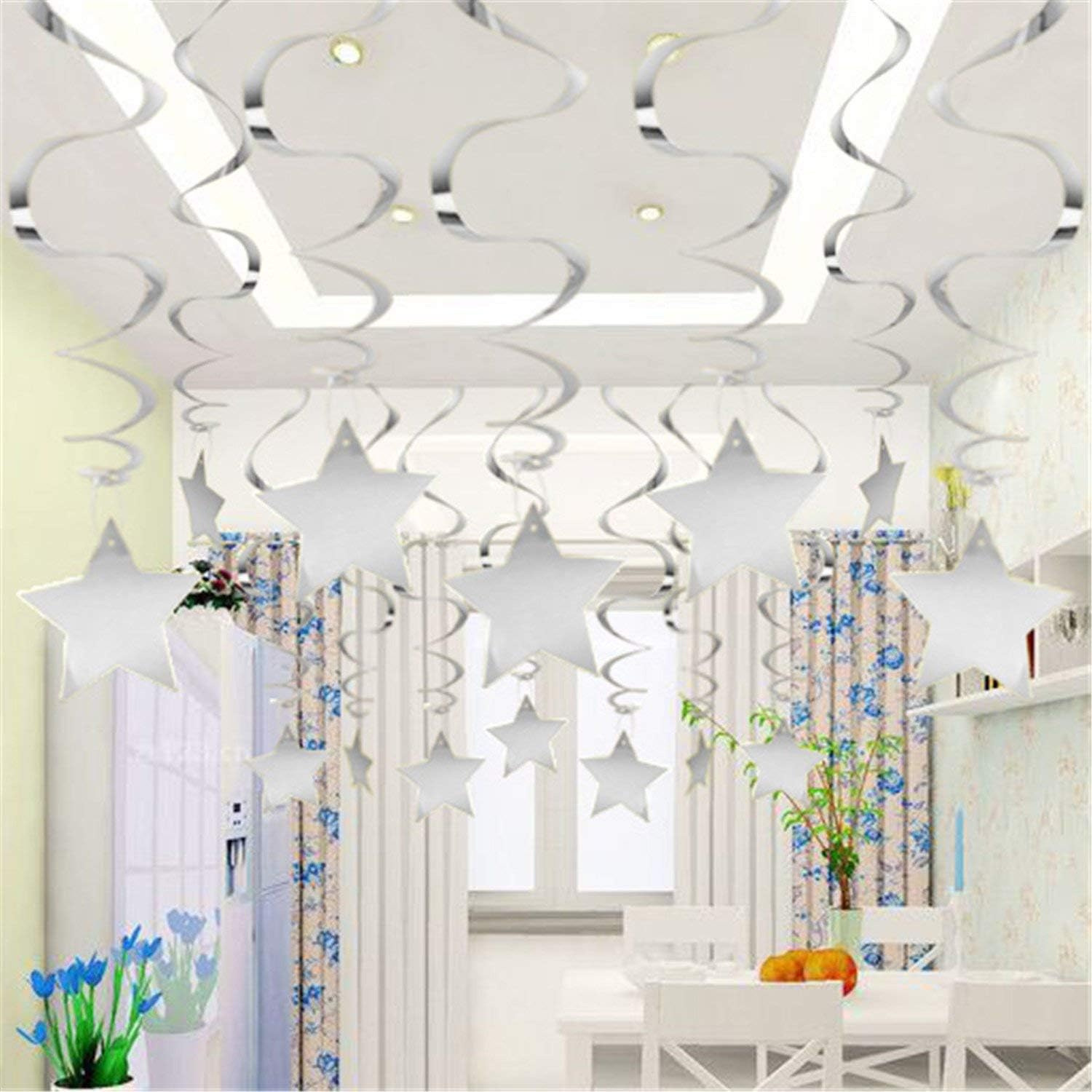 Silver Star Hanging Swirl Decorations,Hanging Silver Party Supplies for Graduation Wedding Baby Shower Decorations, Pack of 15 - Image 3
