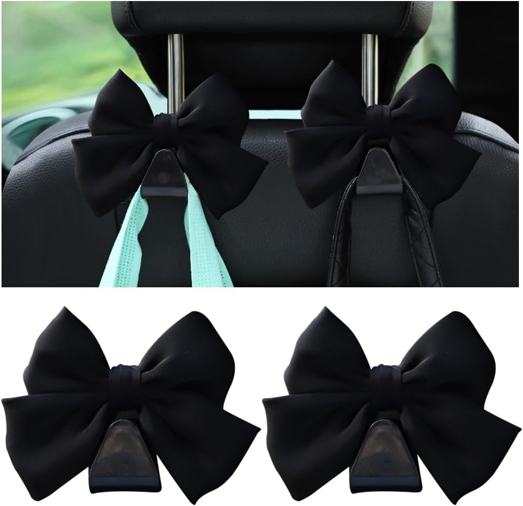 2PCS Car Seat Headrest Hooks, Cute Bow Vehicle Hooks for Purses and Bags, Automotive Purse Hook Hanger Interior Decoration Accessories, Universal for SUV, Sedan, Truck (Black Line) - Image 1