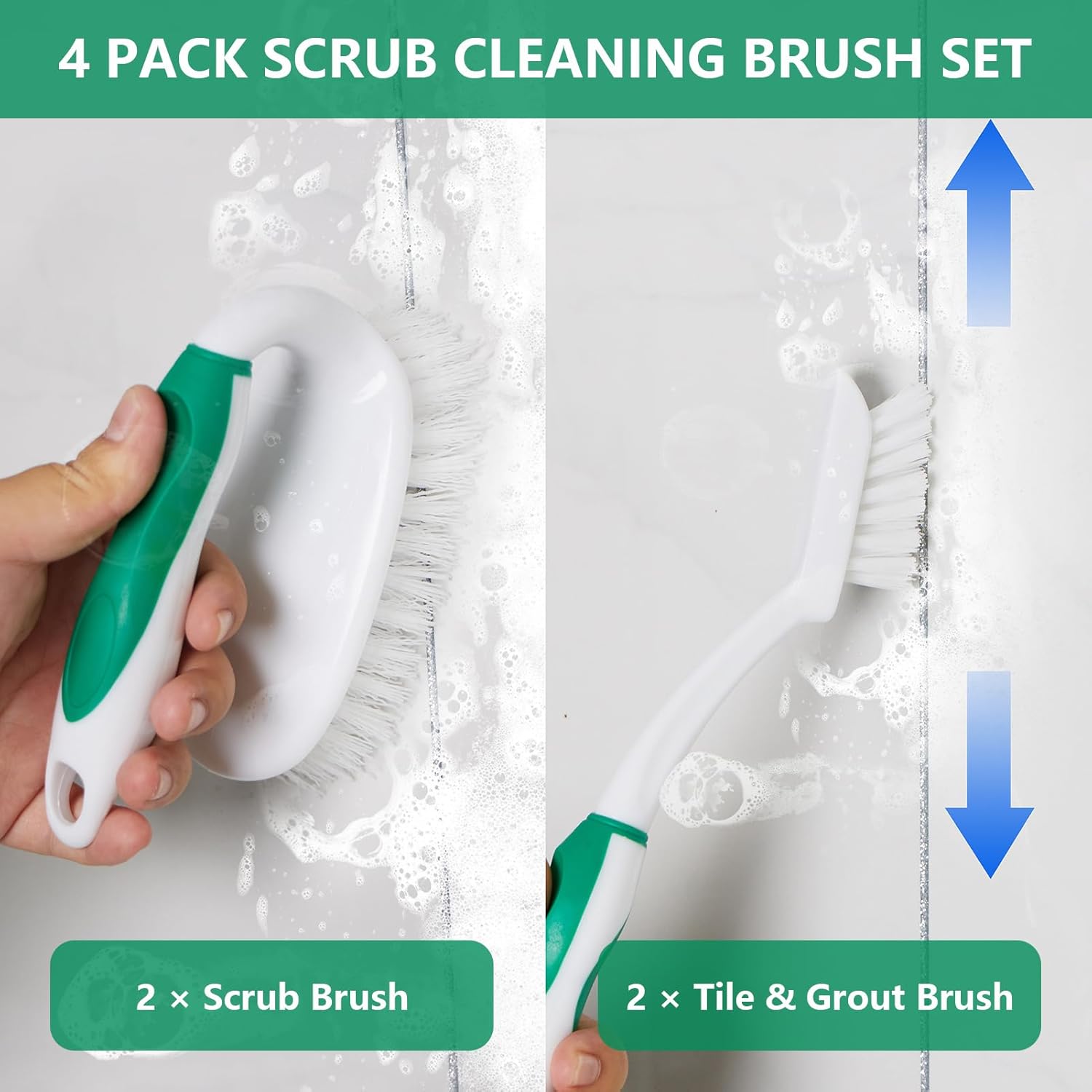 Scrub Brush Set, 4 Pack Deep Cleaning Brush Kit - 2 Scrub Brush, 2 Tile & Grout Brush with Built-in Scraper, Household Commercial Scrubber for Floor, Shower, Pool Wall, Tub (Green) - Image 2