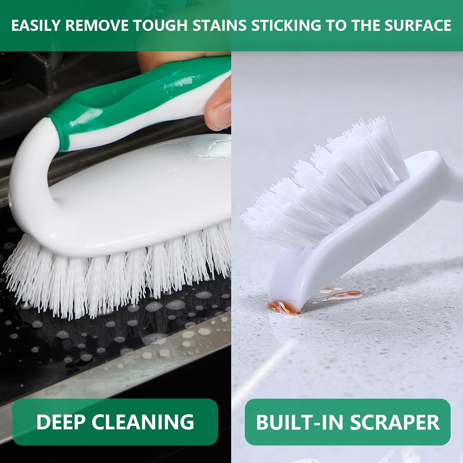 Scrub Brush Set, 4 Pack Deep Cleaning Brush Kit - 2 Scrub Brush, 2 Tile & Grout Brush with Built-in Scraper, Household Commercial Scrubber for Floor, Shower, Pool Wall, Tub (Green) - Image 3