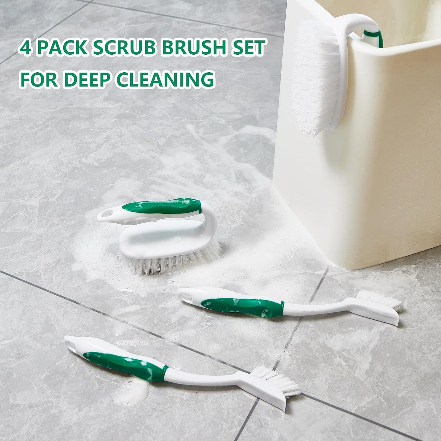 Scrub Brush Set, 4 Pack Deep Cleaning Brush Kit - 2 Scrub Brush, 2 Tile & Grout Brush with Built-in Scraper, Household Commercial Scrubber for Floor, Shower, Pool Wall, Tub (Green) - Image 5