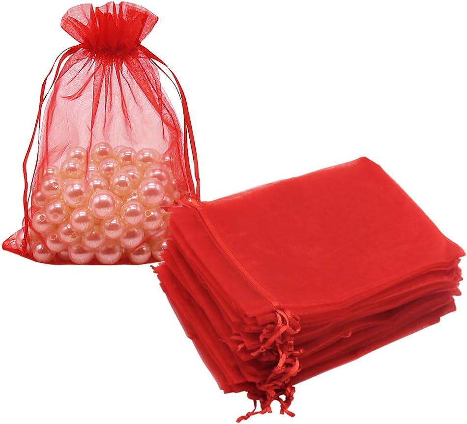 Organza Bags Red 100pcs, 5 x 7 inches Christmas Gift Drawstring Bags Mesh Jewelry Pouches for Wedding Party Favors - Image 1