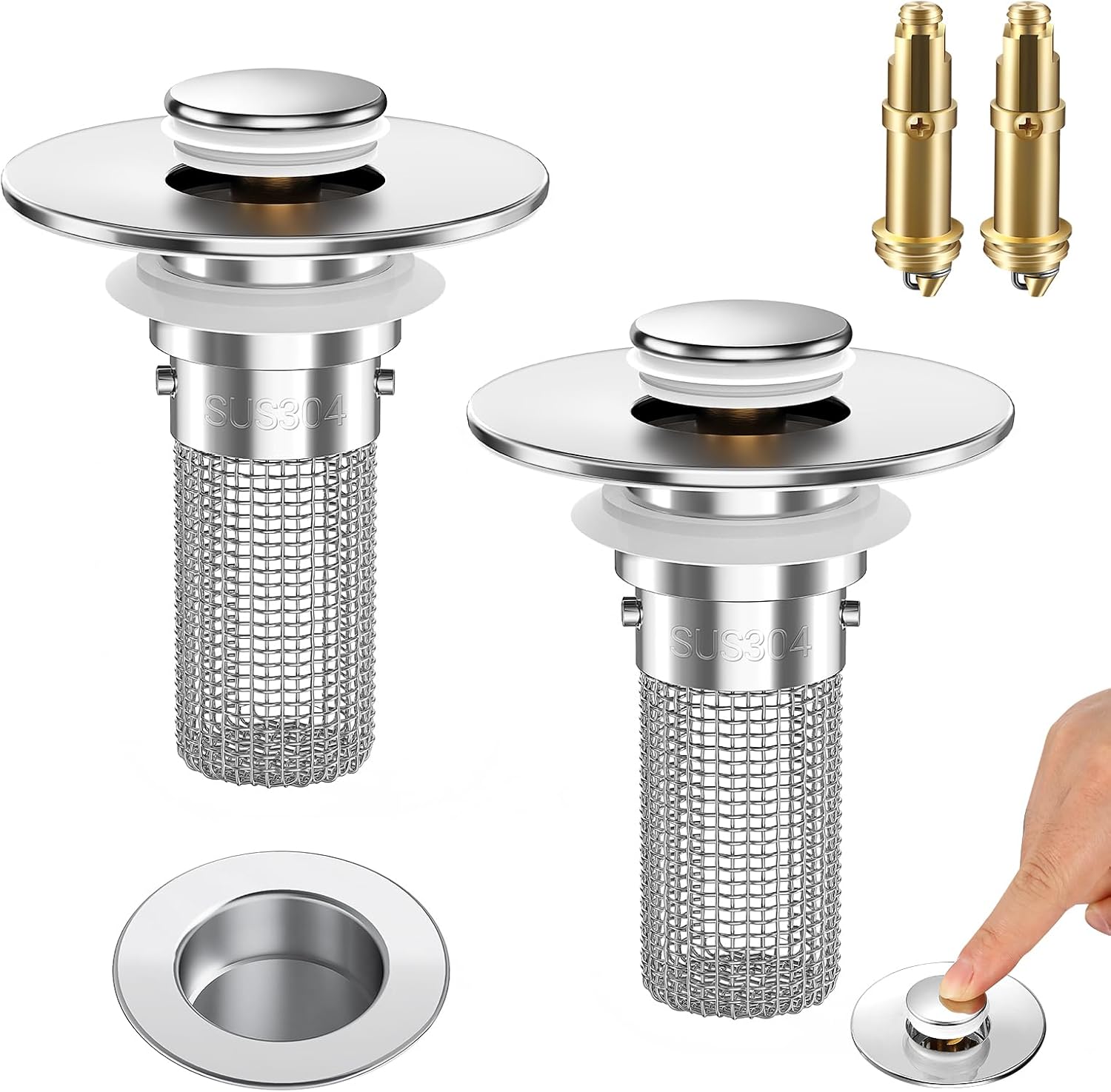 2PCS Bathroom Sink Stopper Strainer, Pop-Up Bathroom Sink Drain Strainer with Removable Stainless Steel Hair Catcher Basket, Universal Fit for US Bathroom Sinks, Bathtubs, Showers & Floor Drains - Image 1