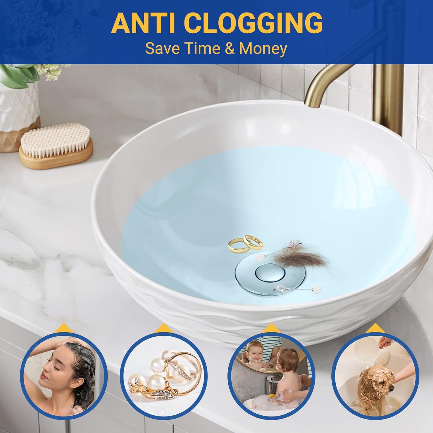 2PCS Bathroom Sink Stopper Strainer, Pop-Up Bathroom Sink Drain Strainer with Removable Stainless Steel Hair Catcher Basket, Universal Fit for US Bathroom Sinks, Bathtubs, Showers & Floor Drains - Image 2