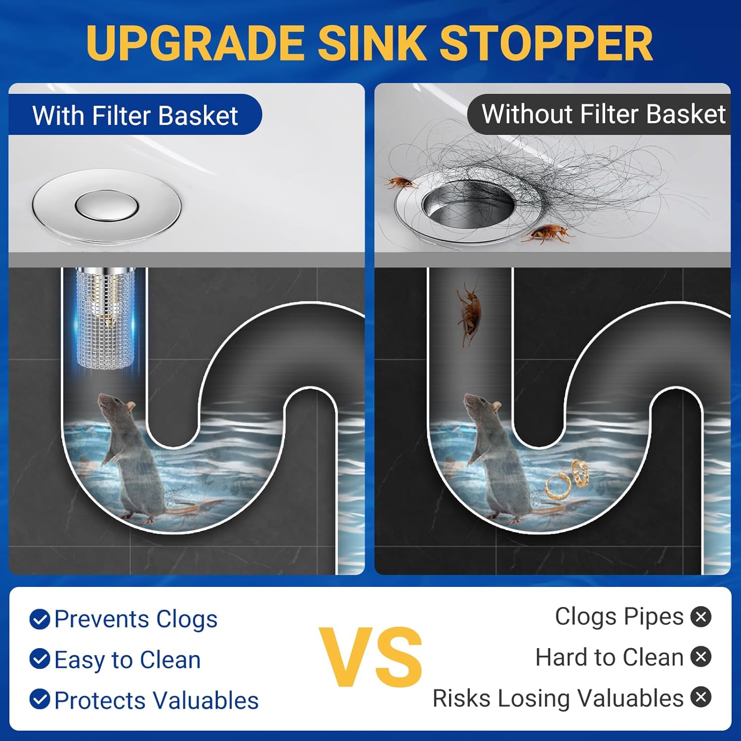 2PCS Bathroom Sink Stopper Strainer, Pop-Up Bathroom Sink Drain Strainer with Removable Stainless Steel Hair Catcher Basket, Universal Fit for US Bathroom Sinks, Bathtubs, Showers & Floor Drains - Image 5