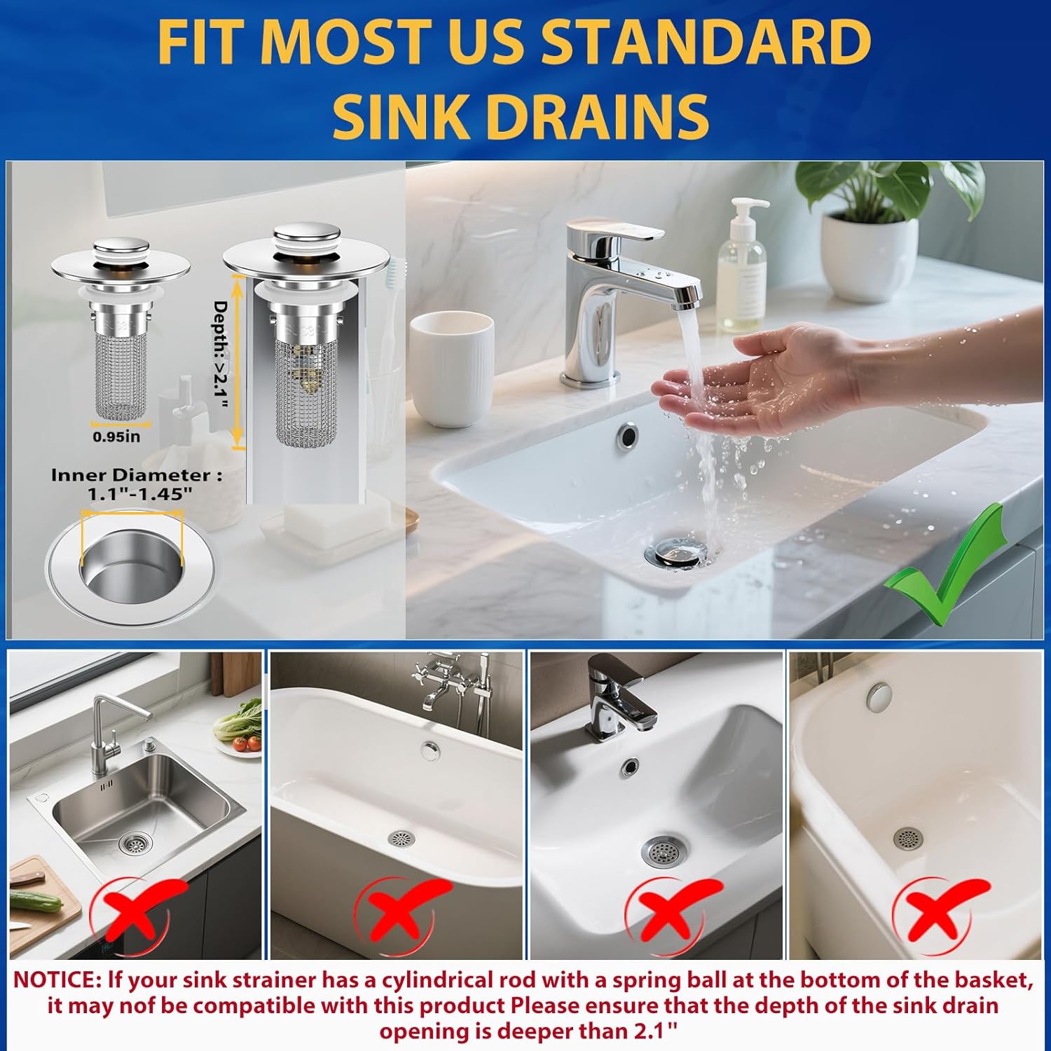 2PCS Bathroom Sink Stopper Strainer, Pop-Up Bathroom Sink Drain Strainer with Removable Stainless Steel Hair Catcher Basket, Universal Fit for US Bathroom Sinks, Bathtubs, Showers & Floor Drains - Image 6