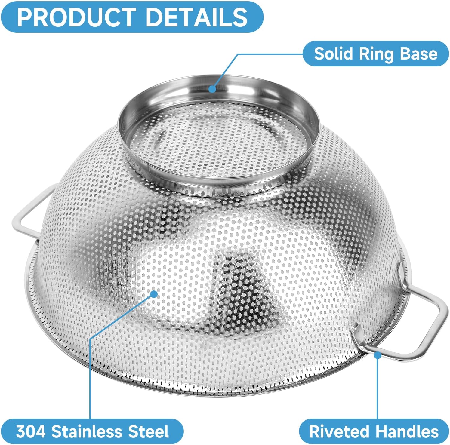Colander for Kitchen, 3QT, Stainless Steel Colander Strainer with Handle for Fruits Vegetables Cooking Food, Dishwasher Safe - Image 4