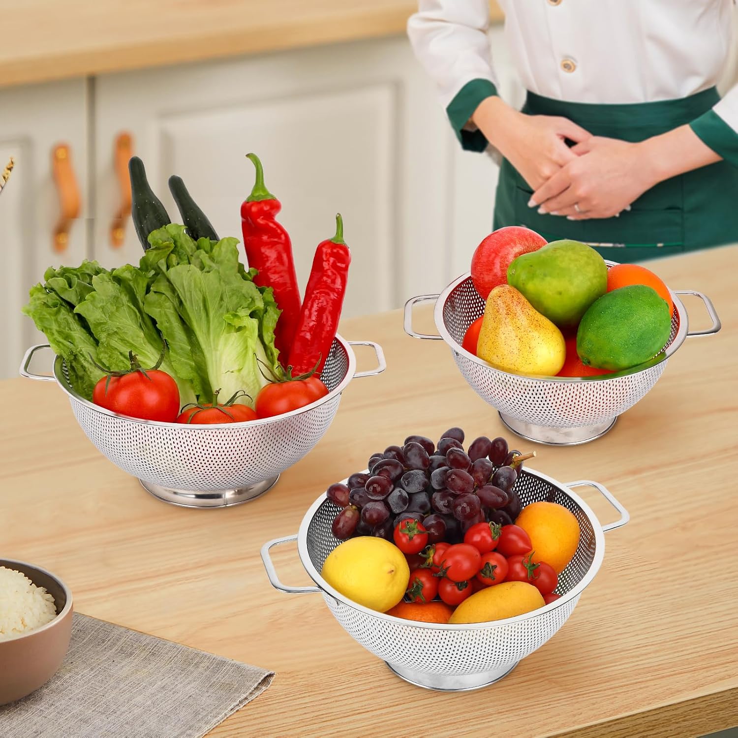Colander for Kitchen, 3QT, Stainless Steel Colander Strainer with Handle for Fruits Vegetables Cooking Food, Dishwasher Safe - Image 6