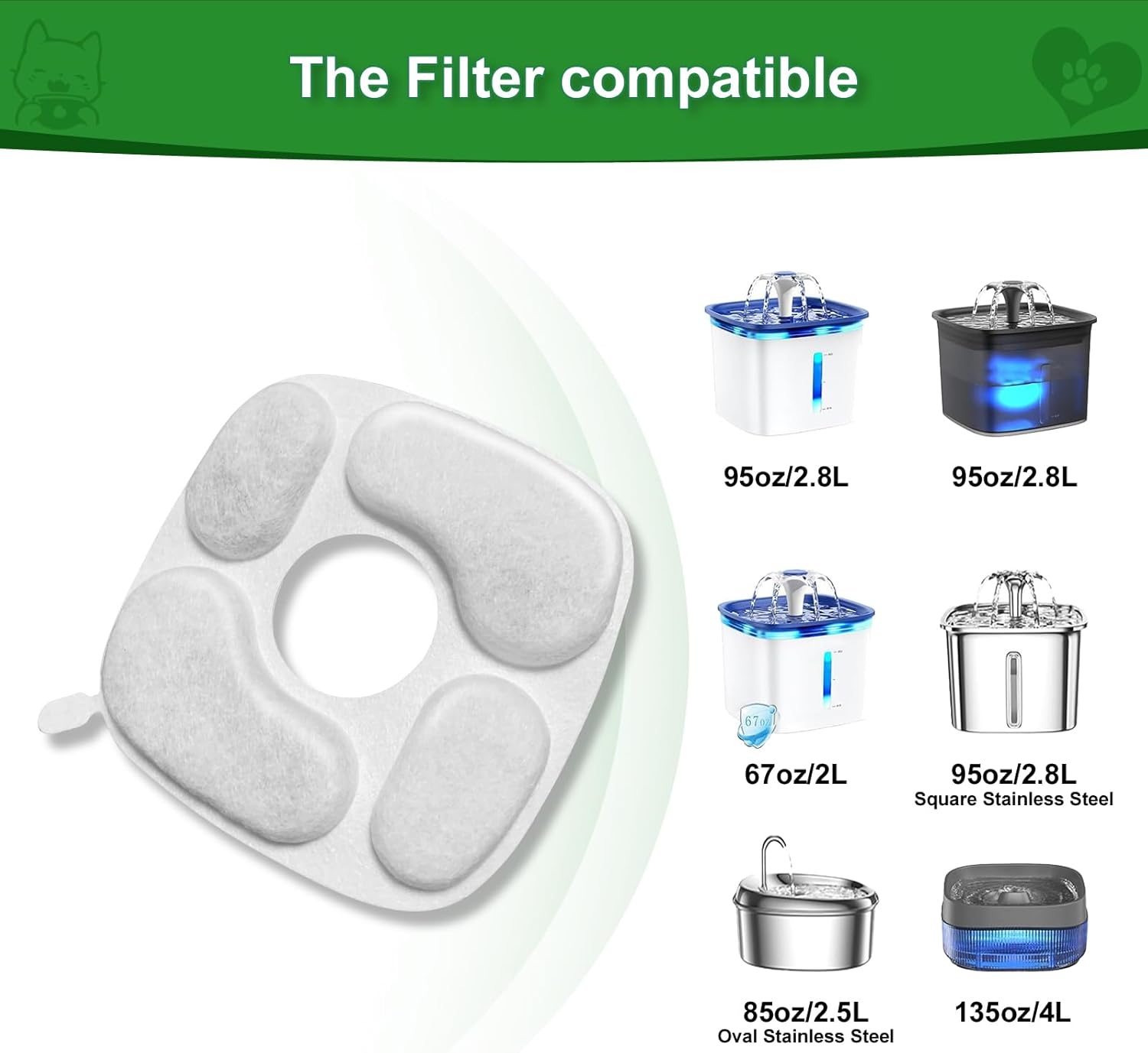24 Pcs Cat Water Fountain Filter,12 Pack Filters & 12 Pack Pre-Filter Sponges, Compatible with 95oz/2.8L Pet Fountain - Image 2