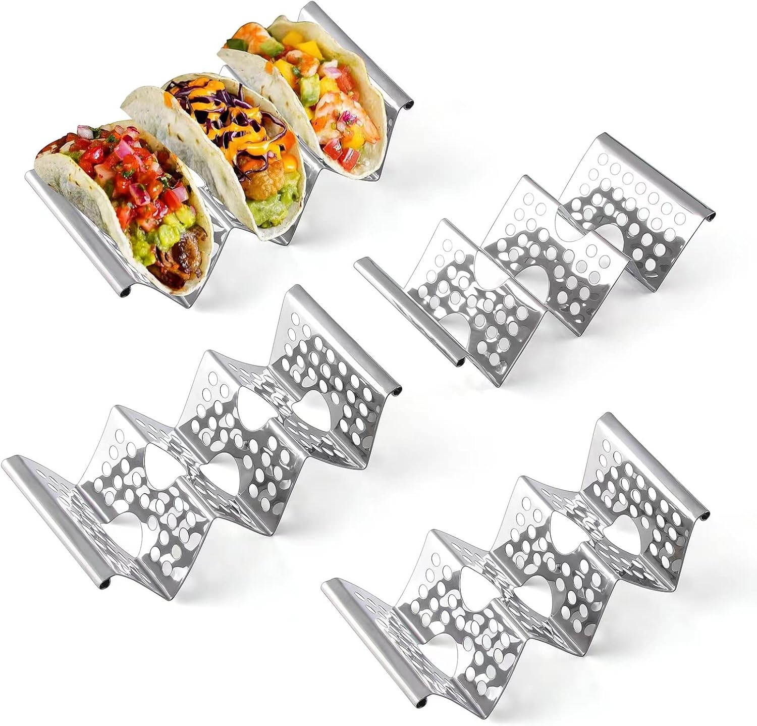Taco Holders Set of 4, Taco Stand, Stainless Steel Taco Holder, Each Can Hold 3 Tortillas, with Easy-Access Handle, Fits Microwave, Air Fryer and Oven - Image 1