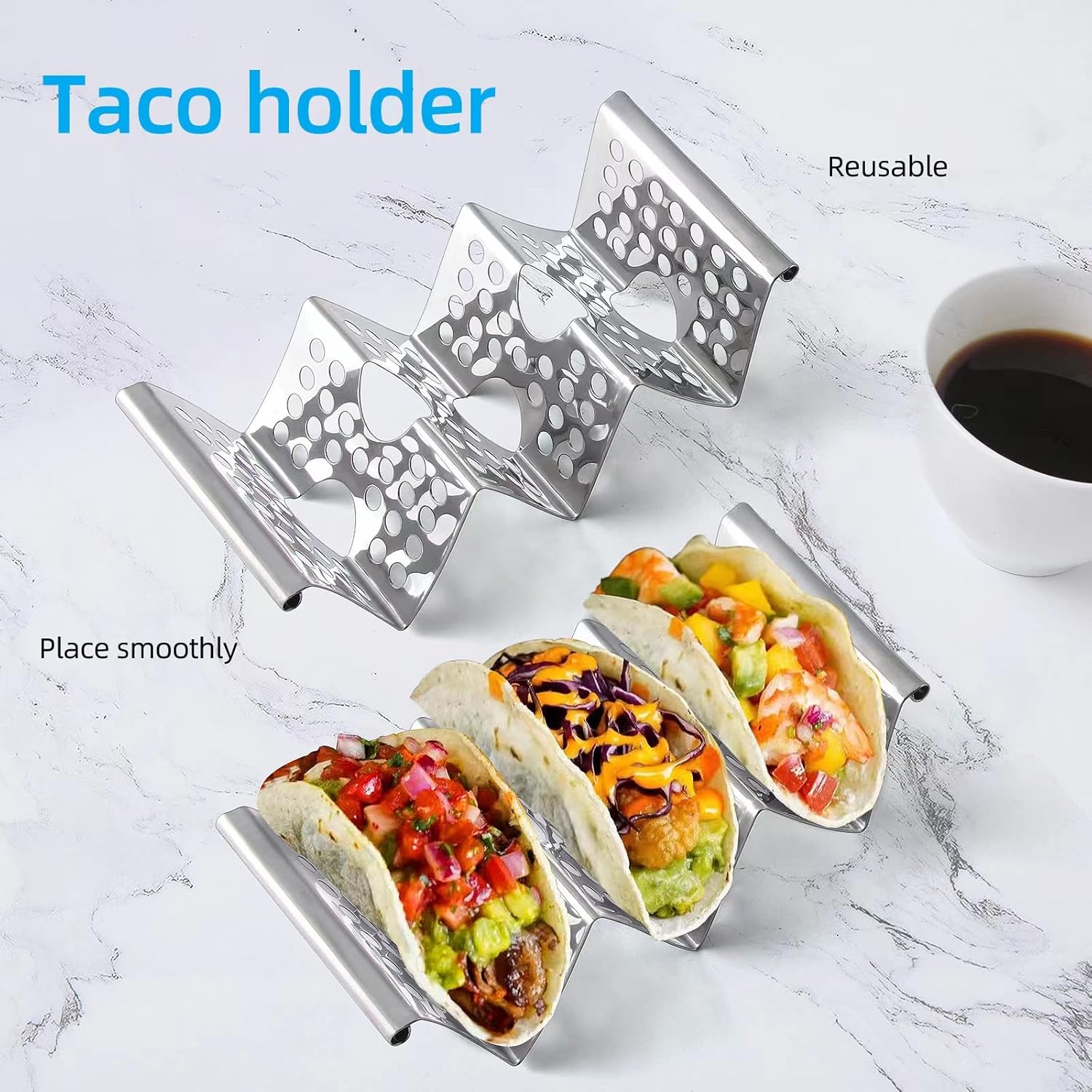 Taco Holders Set of 4, Taco Stand, Stainless Steel Taco Holder, Each Can Hold 3 Tortillas, with Easy-Access Handle, Fits Microwave, Air Fryer and Oven - Image 3