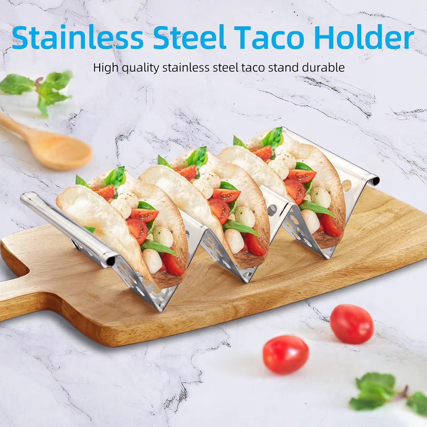 Taco Holders Set of 4, Taco Stand, Stainless Steel Taco Holder, Each Can Hold 3 Tortillas, with Easy-Access Handle, Fits Microwave, Air Fryer and Oven - Image 4