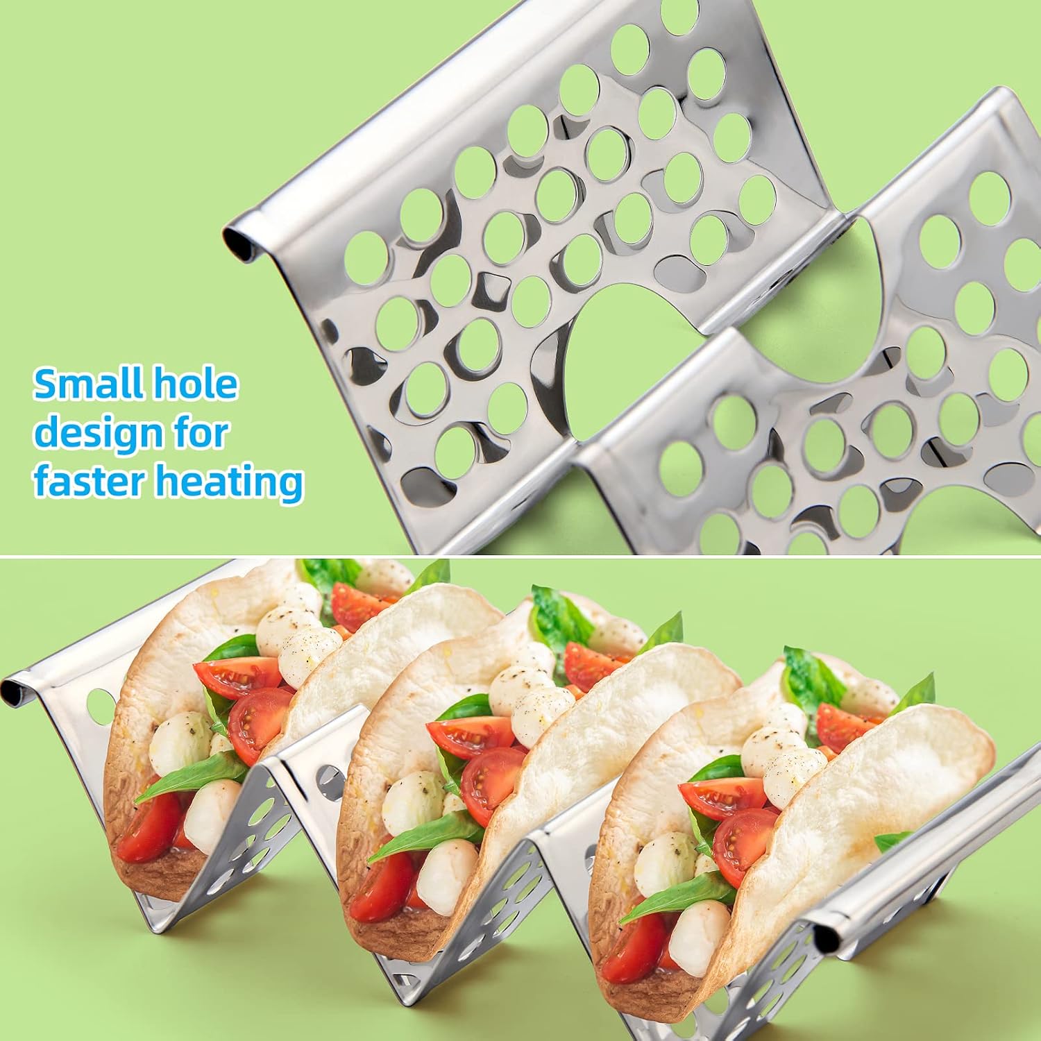 Taco Holders Set of 4, Taco Stand, Stainless Steel Taco Holder, Each Can Hold 3 Tortillas, with Easy-Access Handle, Fits Microwave, Air Fryer and Oven - Image 5