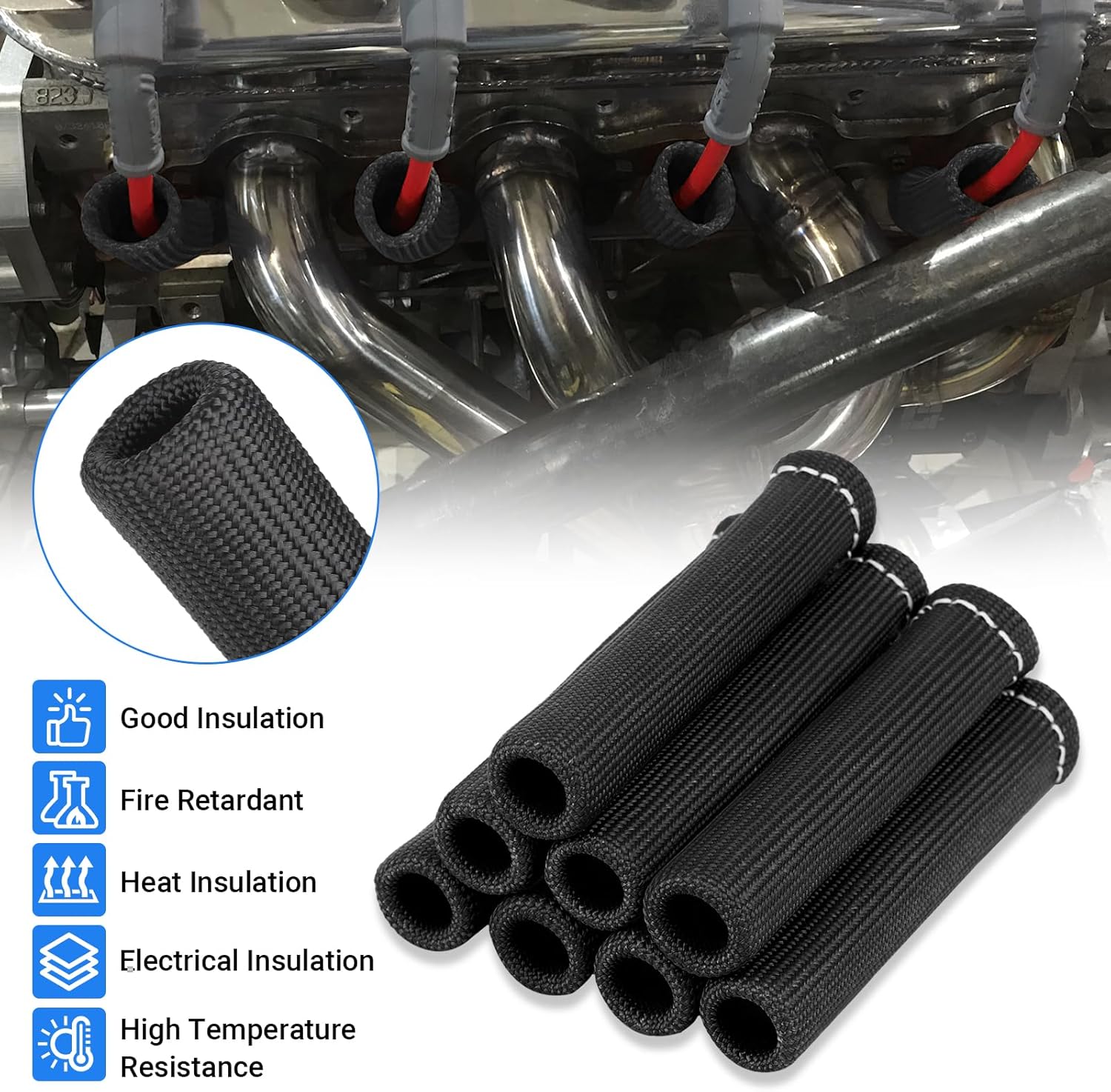 Spark Plug Wire Heat Shield Sleeve 2500° Spark Plug Boot Protector Boots Wrap for SBC BBC 350 454 8PCS Plug Wire Covers - Image 7