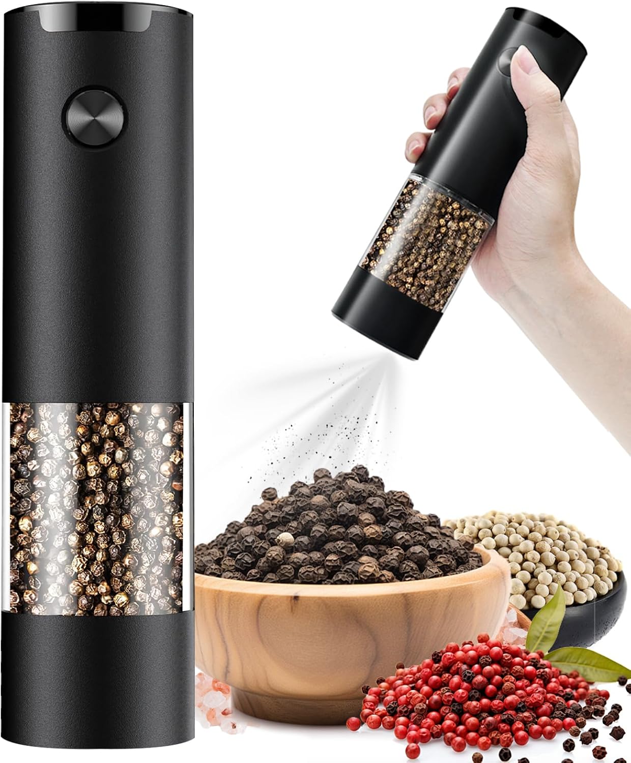 Electric Pepper or Salt Grinder,Adjustable Coarseness Salt & Pepper Mill,With LED Light,Easy to Clean,Battery Powered,One Handed Operation,Kitchen Essential（1 pack/black） - Image 1