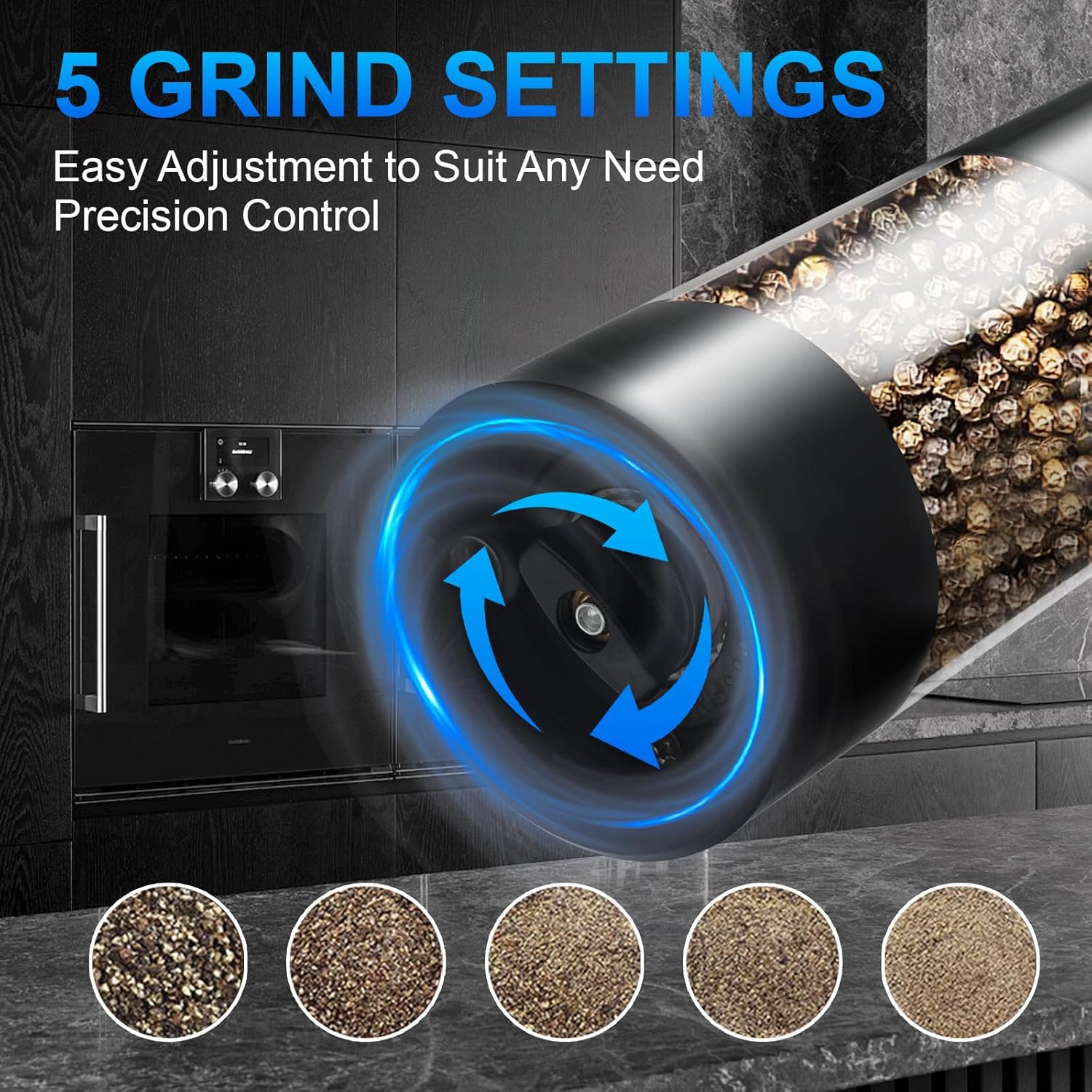 Electric Pepper or Salt Grinder,Adjustable Coarseness Salt & Pepper Mill,With LED Light,Easy to Clean,Battery Powered,One Handed Operation,Kitchen Essential（1 pack/black） - Image 2