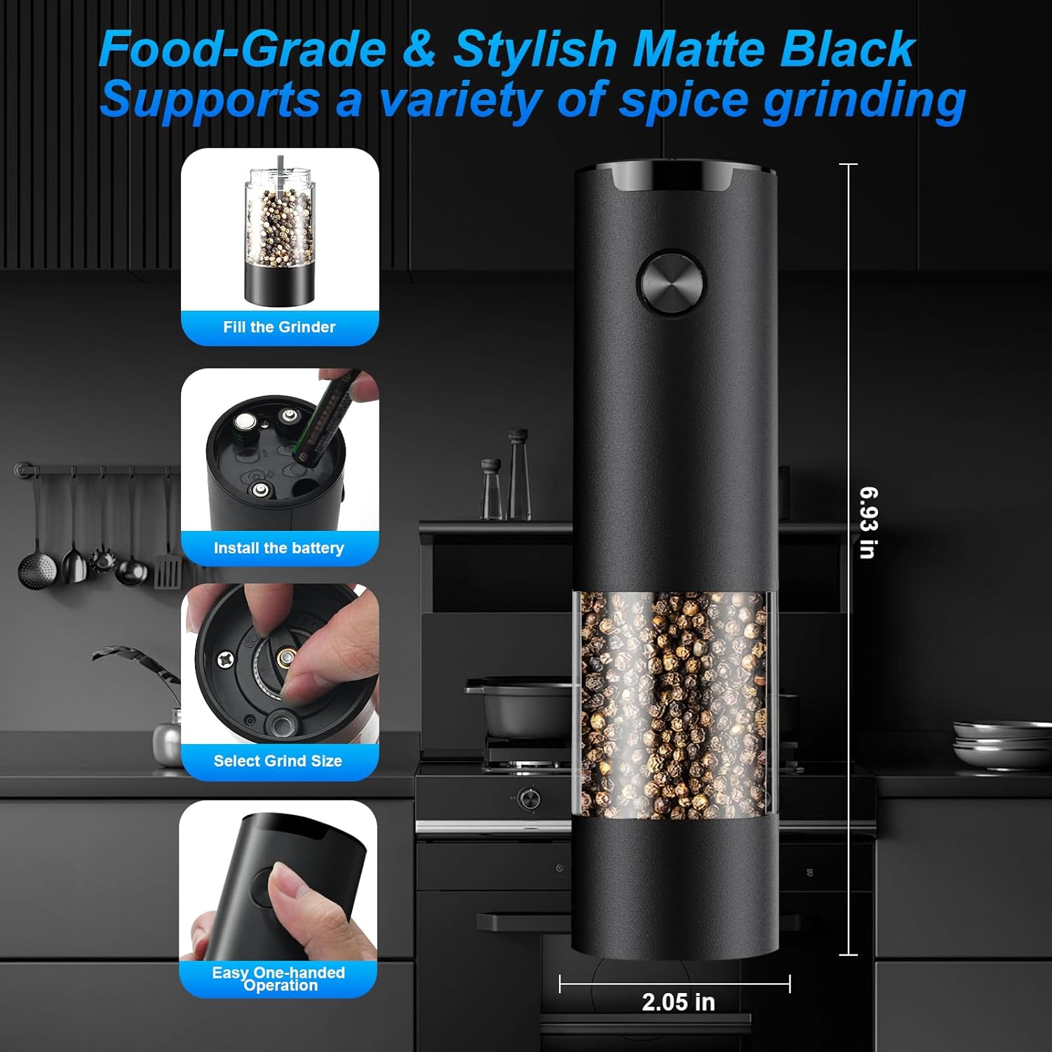 Electric Pepper or Salt Grinder,Adjustable Coarseness Salt & Pepper Mill,With LED Light,Easy to Clean,Battery Powered,One Handed Operation,Kitchen Essential（1 pack/black） - Image 3
