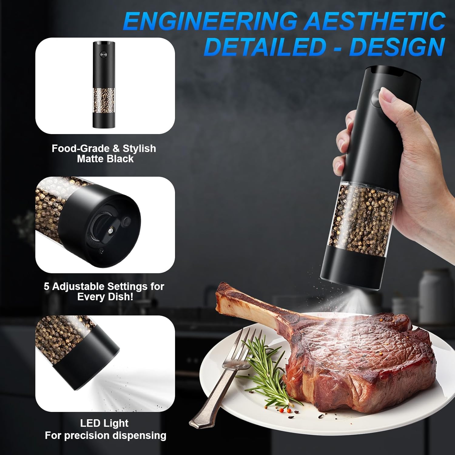 Electric Pepper or Salt Grinder,Adjustable Coarseness Salt & Pepper Mill,With LED Light,Easy to Clean,Battery Powered,One Handed Operation,Kitchen Essential（1 pack/black） - Image 4