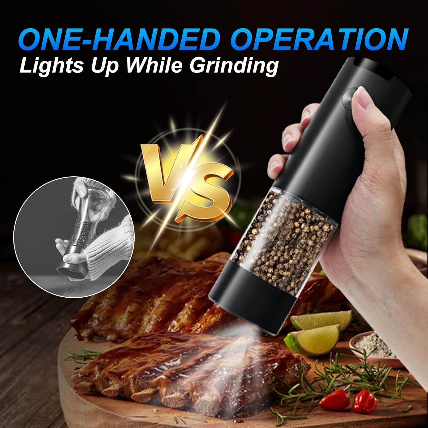 Electric Pepper or Salt Grinder,Adjustable Coarseness Salt & Pepper Mill,With LED Light,Easy to Clean,Battery Powered,One Handed Operation,Kitchen Essential（1 pack/black） - Image 5