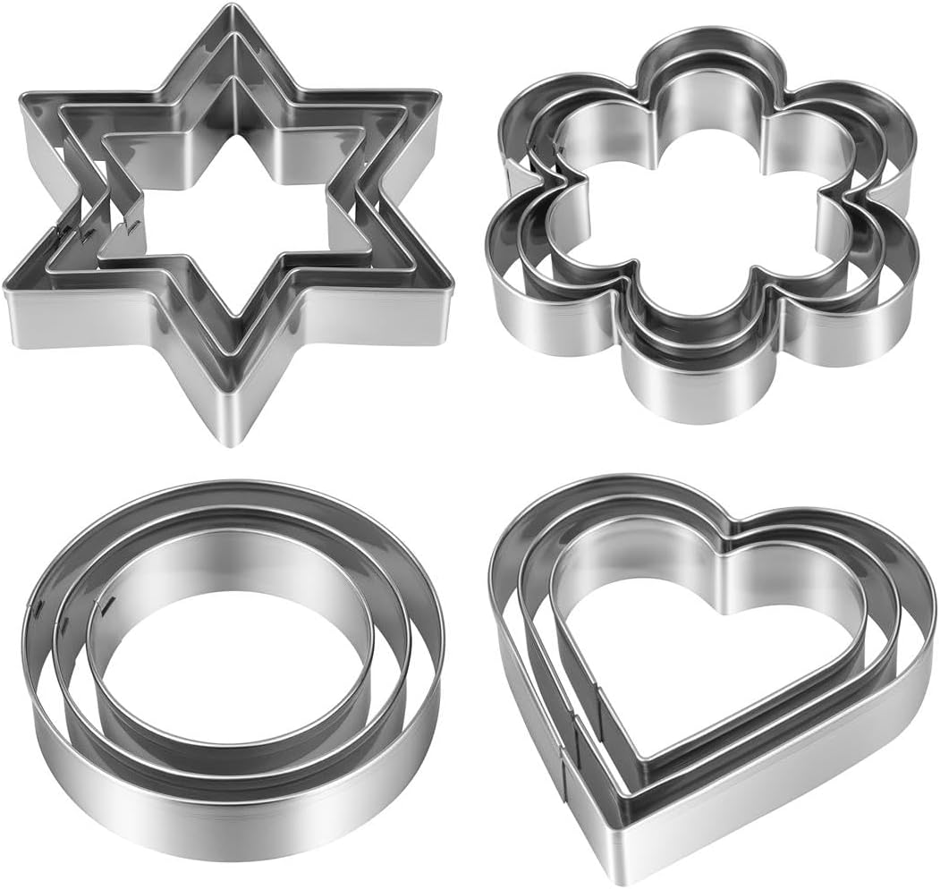 Metal Cookie Cutters Set 12 Pieces, Stainless Steel 3 Heart Cookie Cutters, 3 Star Cookie Cutters, 3 Flower Cookie Cutters, 3 Round Cookie Cutters for Valentine's Day Christmas Holiday - Image 1