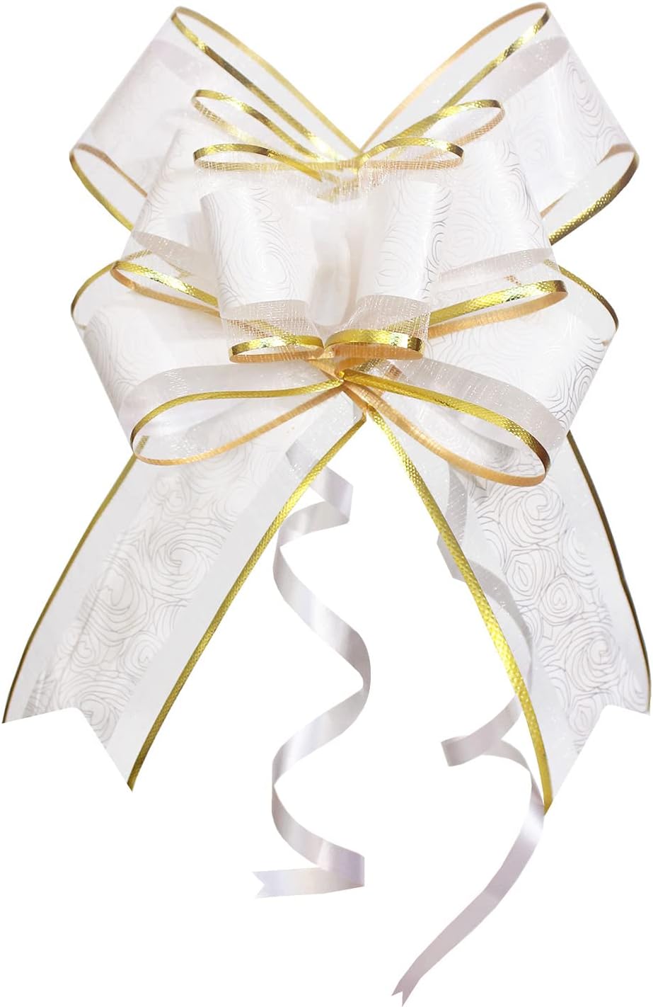 Pull Bows for Gift Wrapping, 15 PCS Large Gift Bow Bulk for Presents Package, Gift Baskets, Christmas, Wedding, and Party Decor (White with Tulle & Gold line, 6 inches) - Image 1